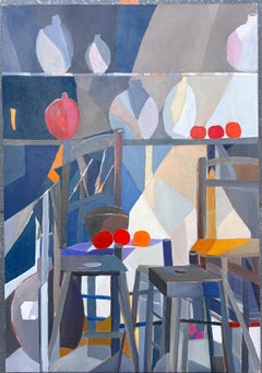 Huge French Contemporary Modernist Abstract Oil Painting Cafe Chairs Bistro