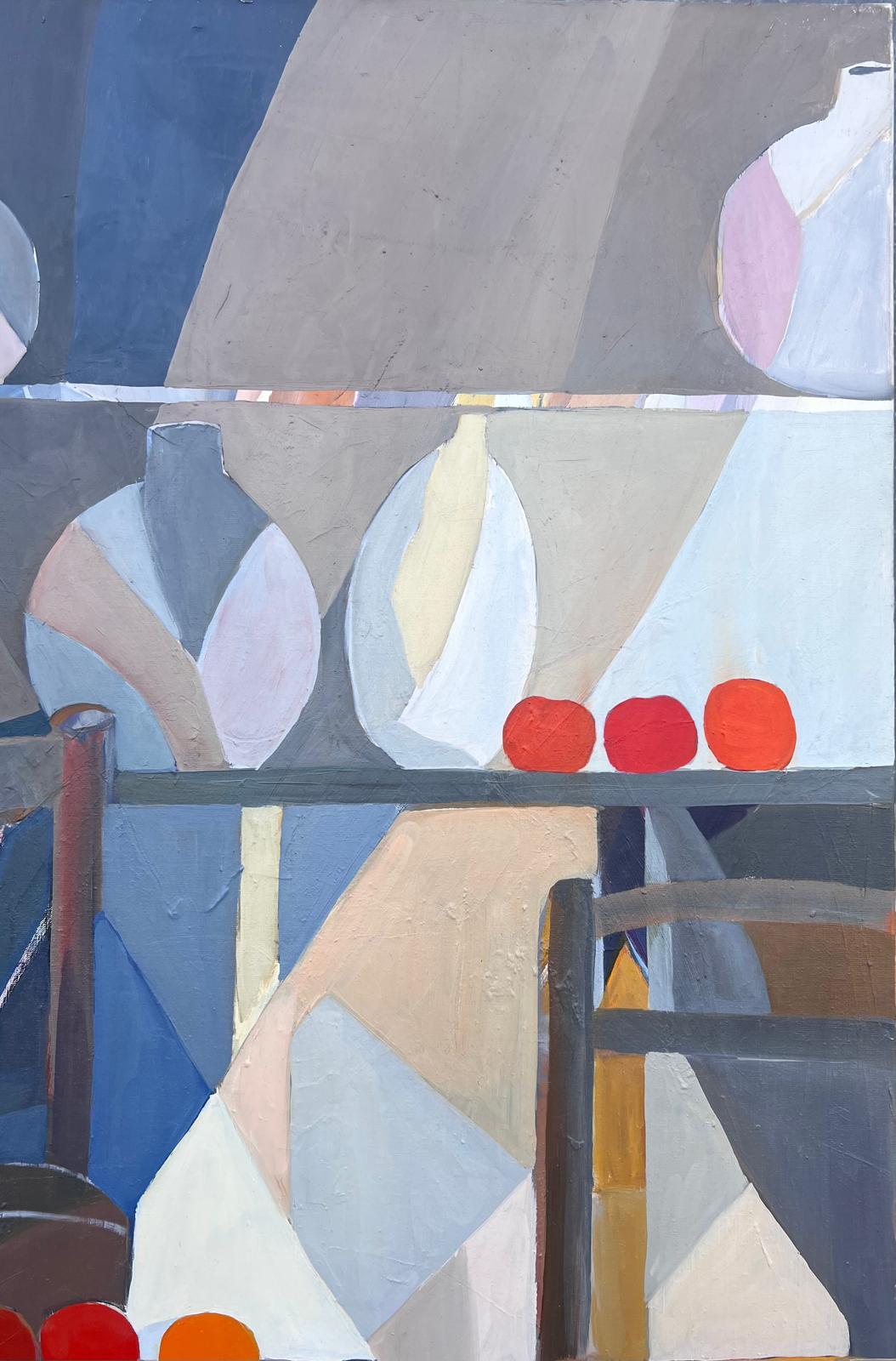 Huge Französisch Zeitgenössische Modernist Abstrakte Ölgemälde Cafe Stühle Bistro (Grau), Abstract Painting, von Jacqueline Verdet (1931-2023)