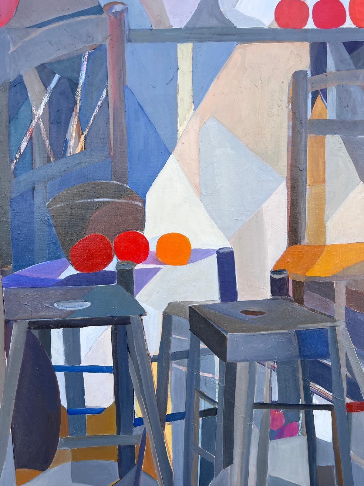 Huge Französisch Zeitgenössische Modernist Abstrakte Ölgemälde Cafe Stühle Bistro im Angebot 2