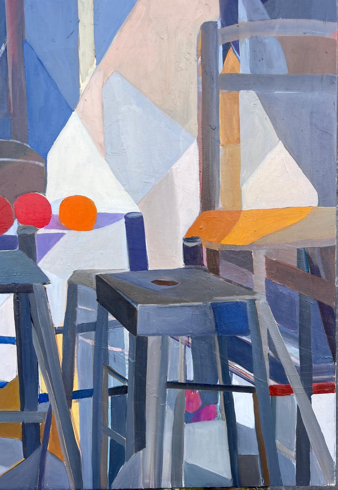 Huge Französisch Zeitgenössische Modernist Abstrakte Ölgemälde Cafe Stühle Bistro im Angebot 3