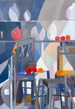Enorme pittura ad olio astratta contemporanea francese, sedie da caffè e bistrot