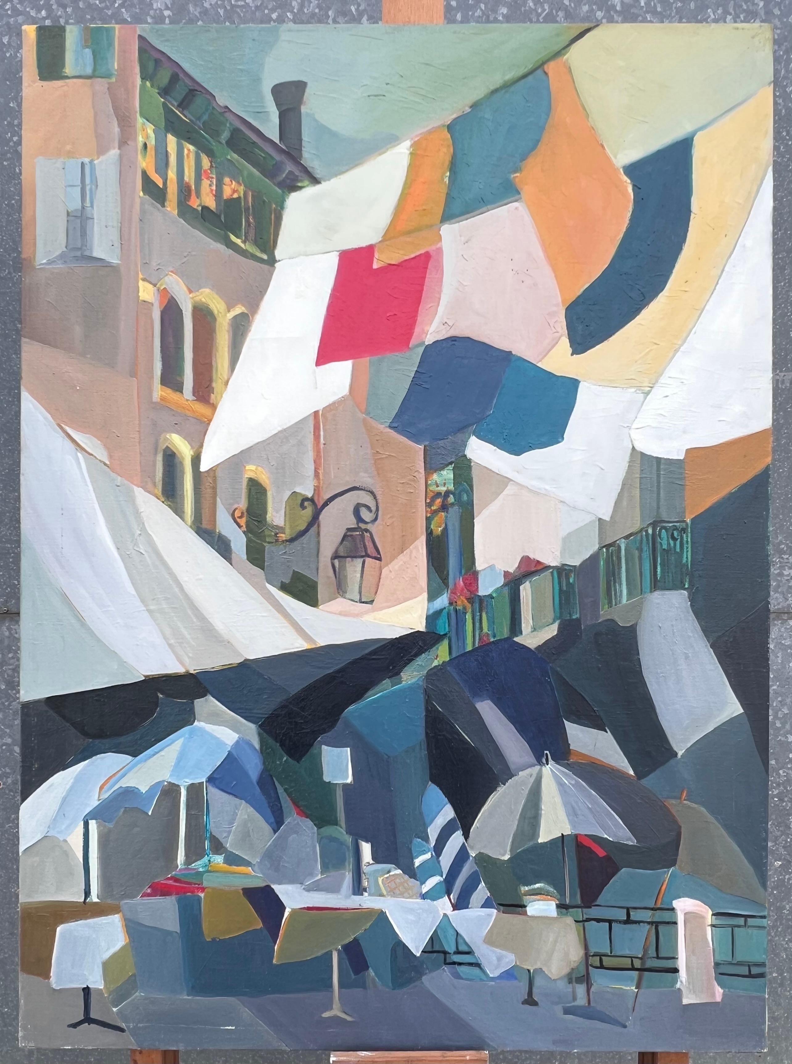 Huge French Contemporary Modernist Abstraktes Ölgemälde Bunte Wäscheleinen – Painting von Jacqueline Verdet (1931-2023)