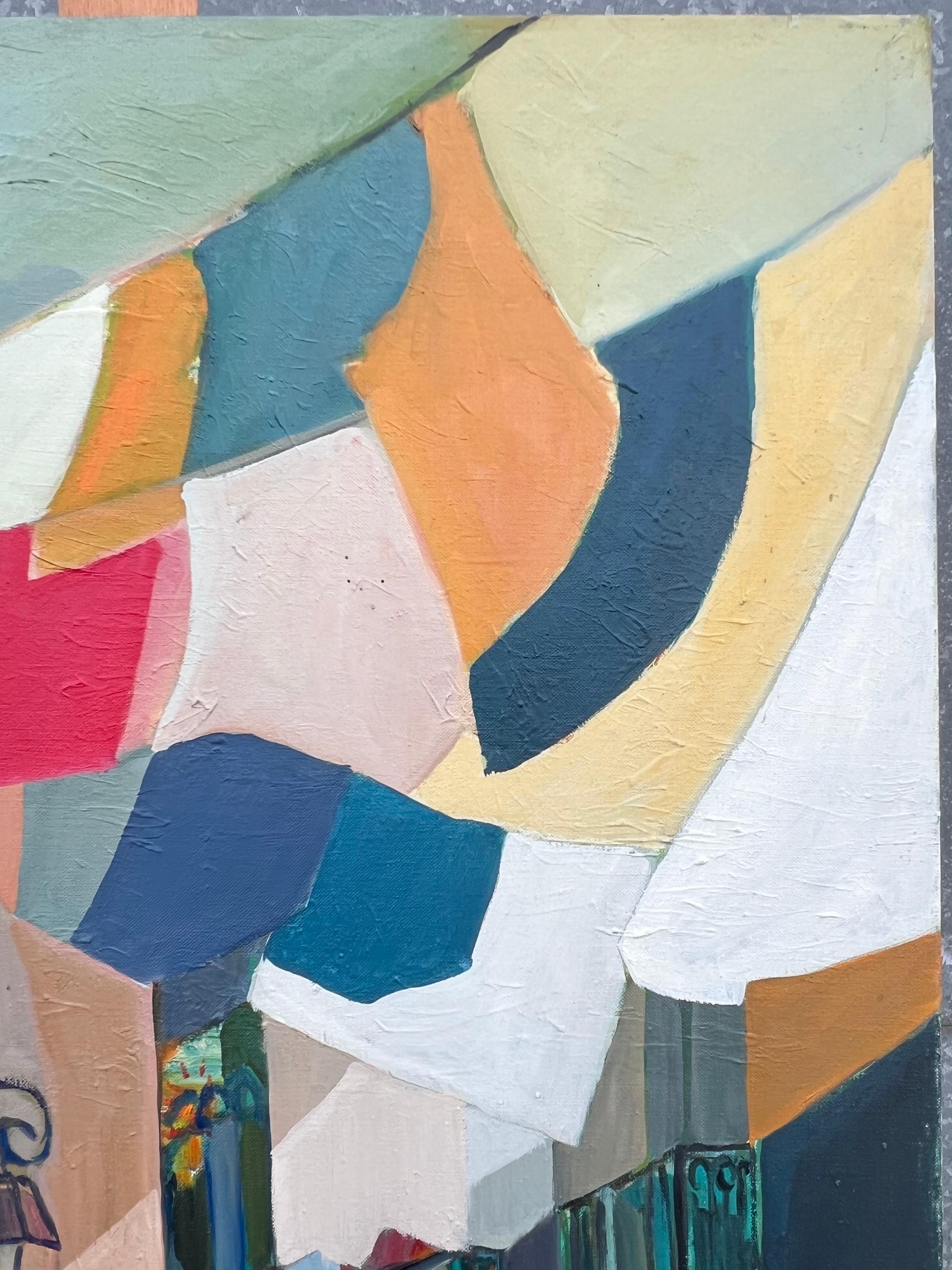 Huge French Contemporary Modernist Abstraktes Ölgemälde Bunte Wäscheleinen (Geometrische Abstraktion), Painting, von Jacqueline Verdet (1931-2023)