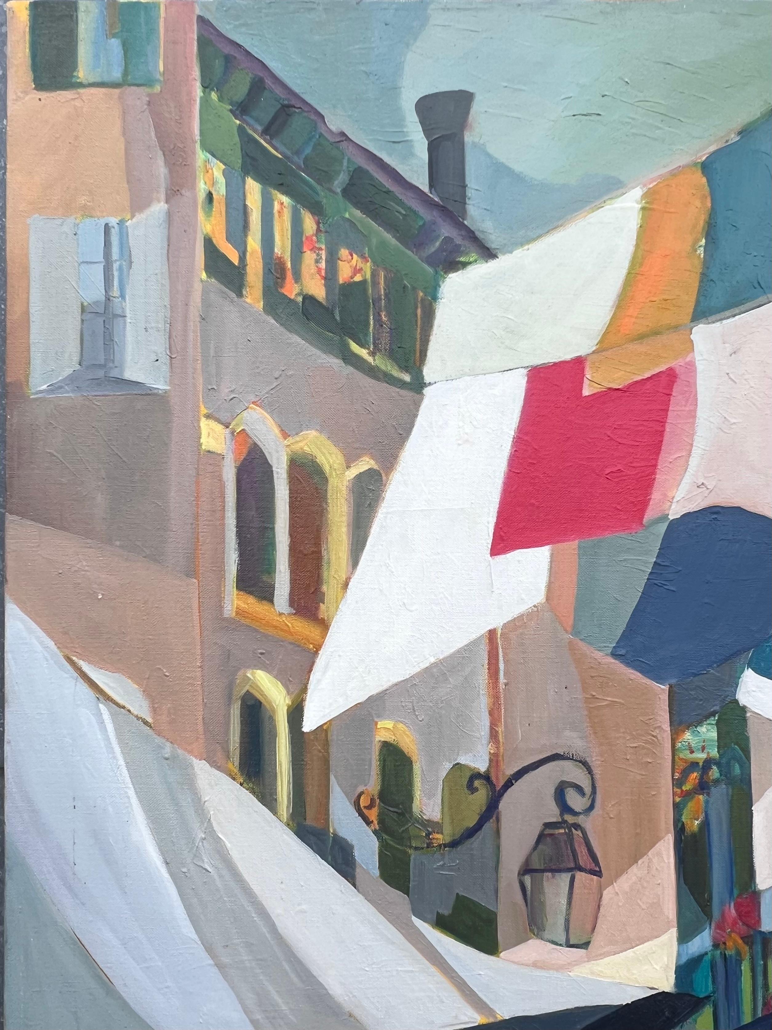 Huge French Contemporary Modernist Abstraktes Ölgemälde Bunte Wäscheleinen (Grau), Abstract Painting, von Jacqueline Verdet (1931-2023)