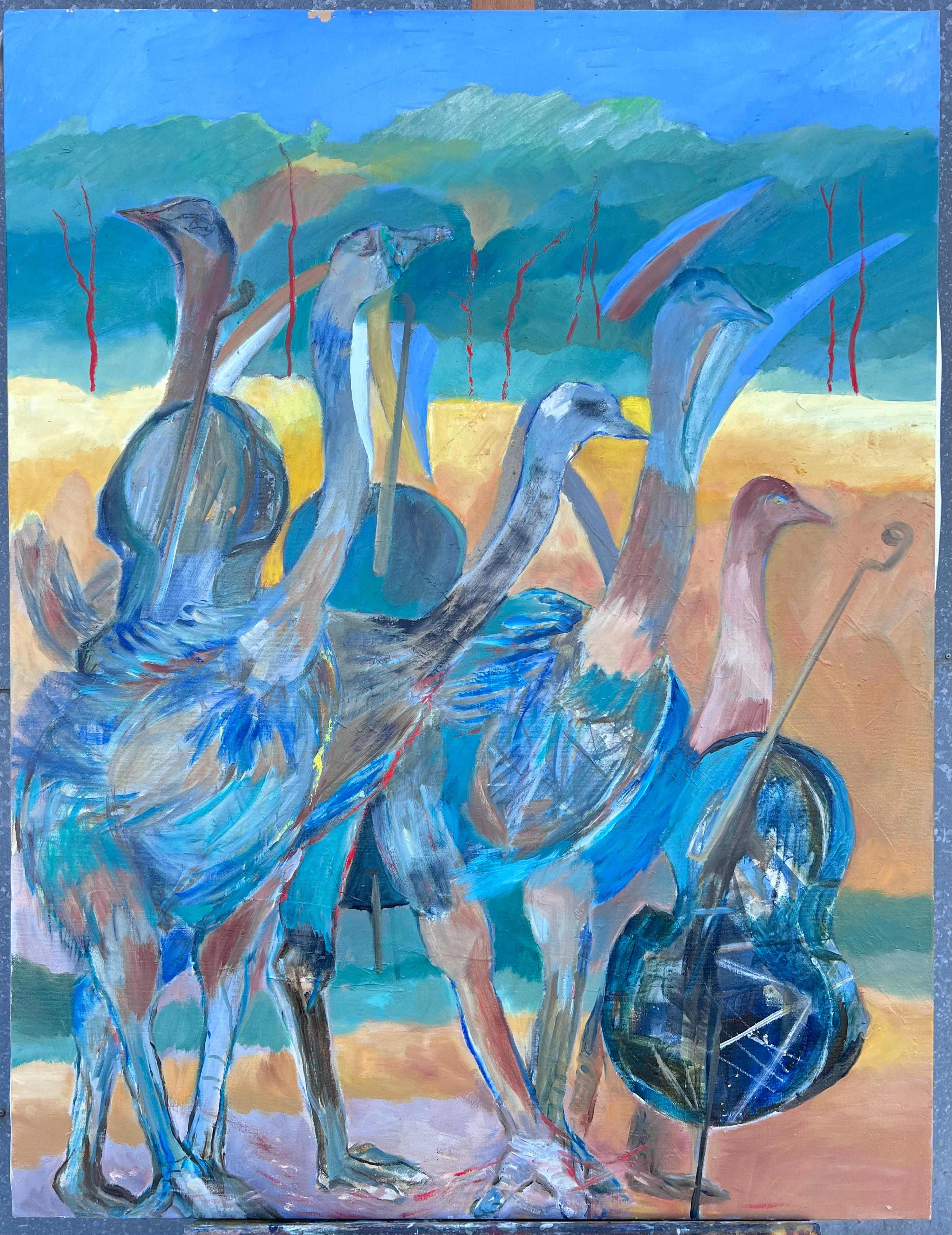 Immense peinture à l'huile abstraite contemporaine moderniste française exotique bleu vert oiseaux - Painting de Jacqueline Verdet (1931-2023)
