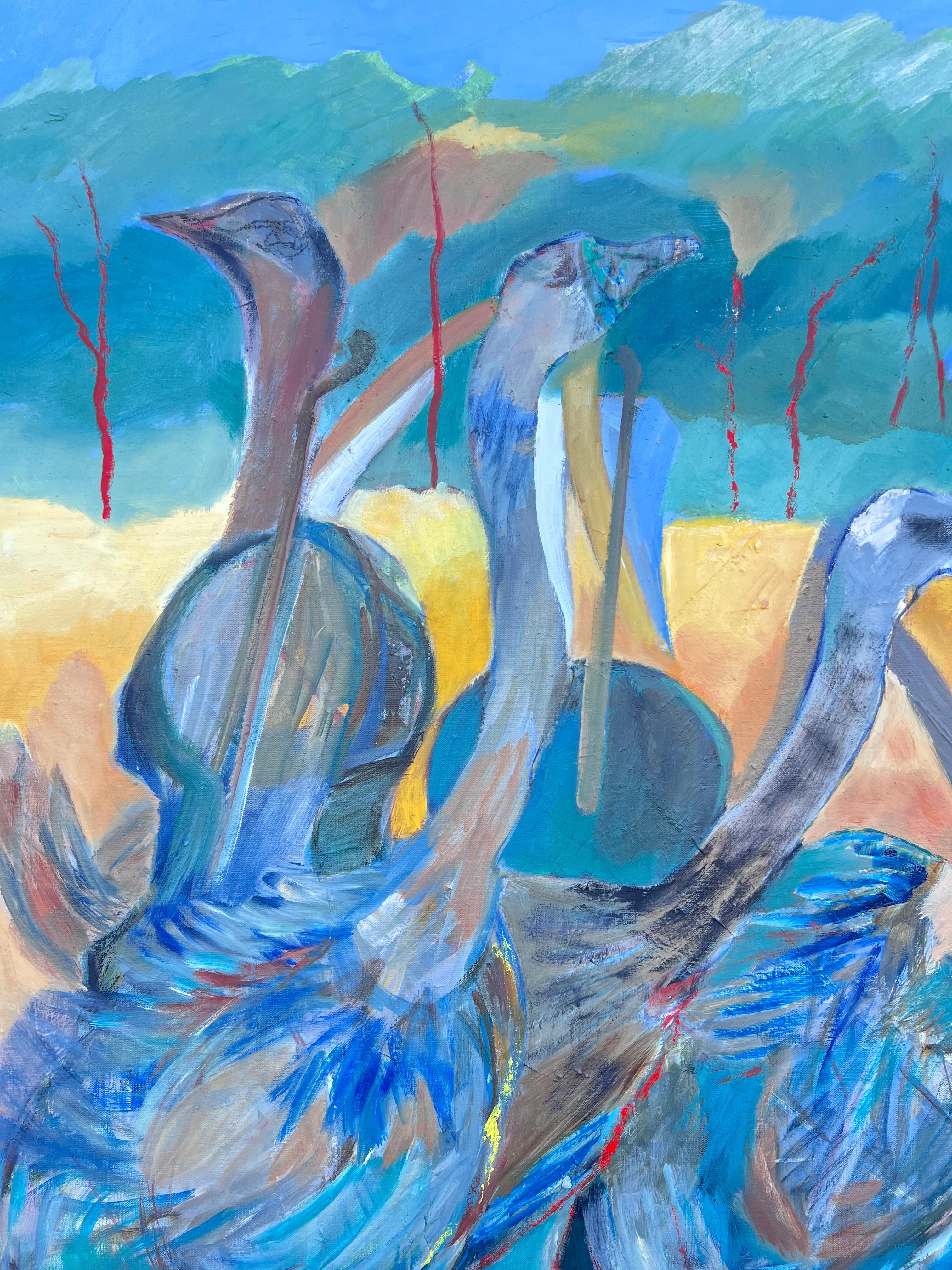Immense peinture à l'huile abstraite contemporaine moderniste française exotique bleu vert oiseaux - Géométrique abstrait Painting par Jacqueline Verdet (1931-2023)
