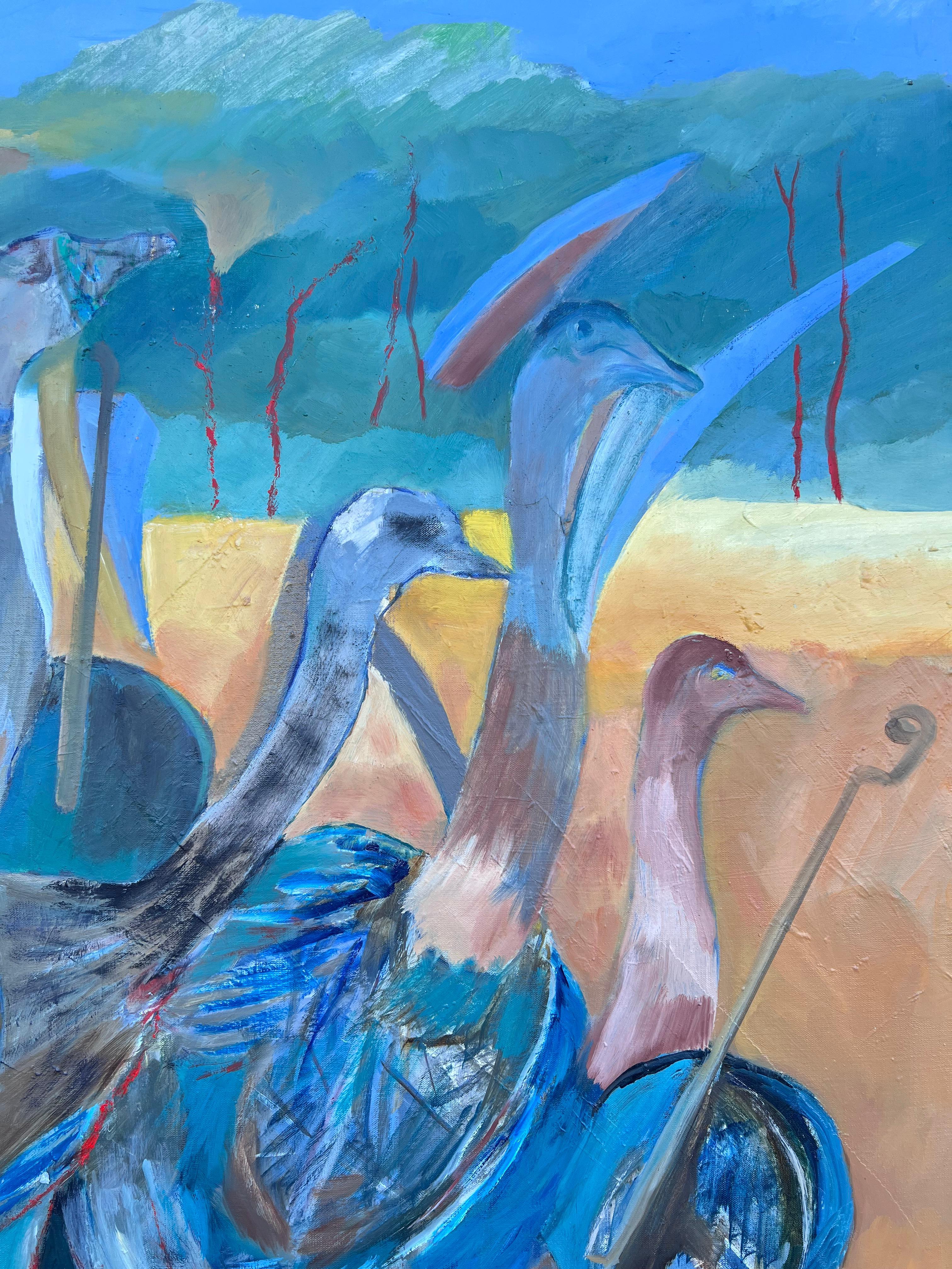 Immense peinture à l'huile abstraite contemporaine moderniste française exotique bleu vert oiseaux - Bleu Landscape Painting par Jacqueline Verdet (1931-2023)