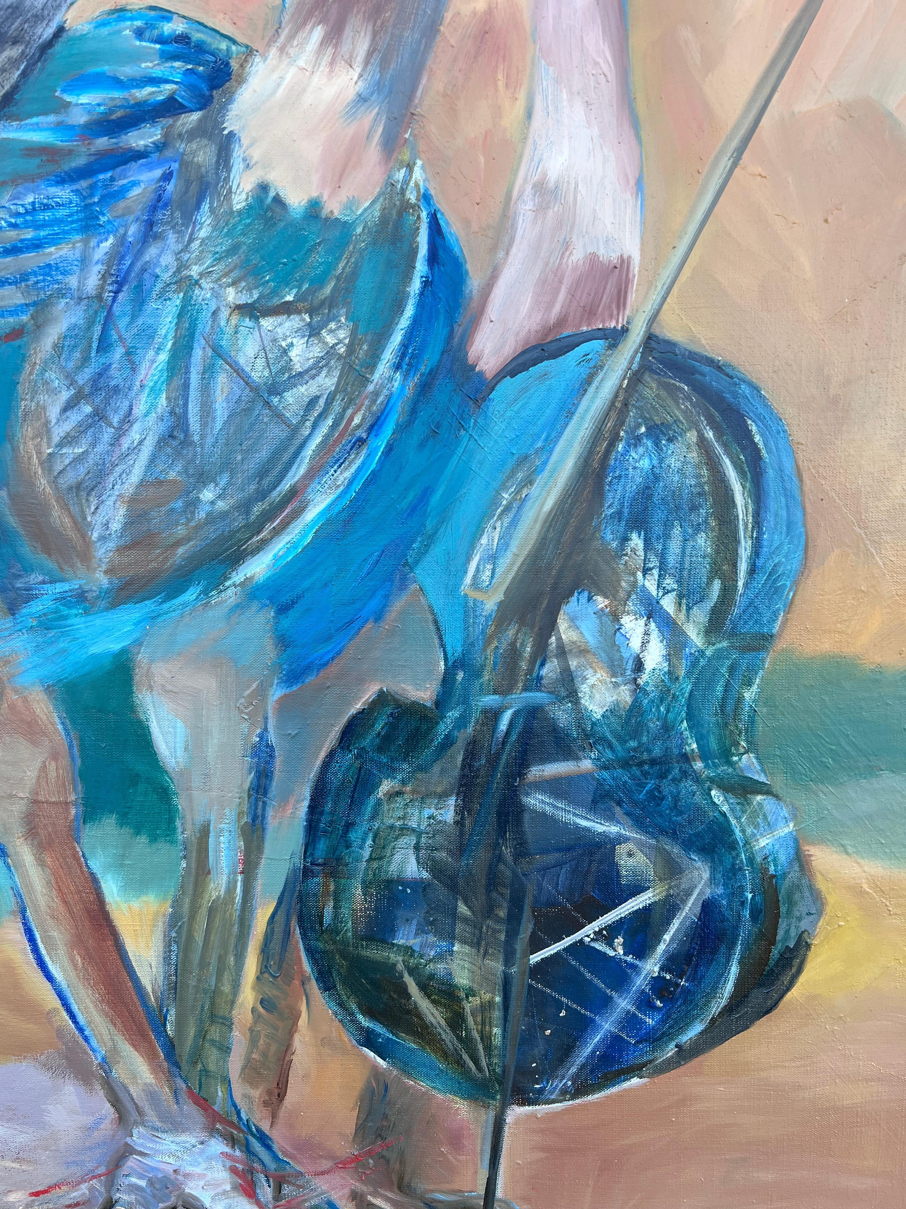Immense peinture à l'huile abstraite contemporaine moderniste française exotique bleu vert oiseaux en vente 2