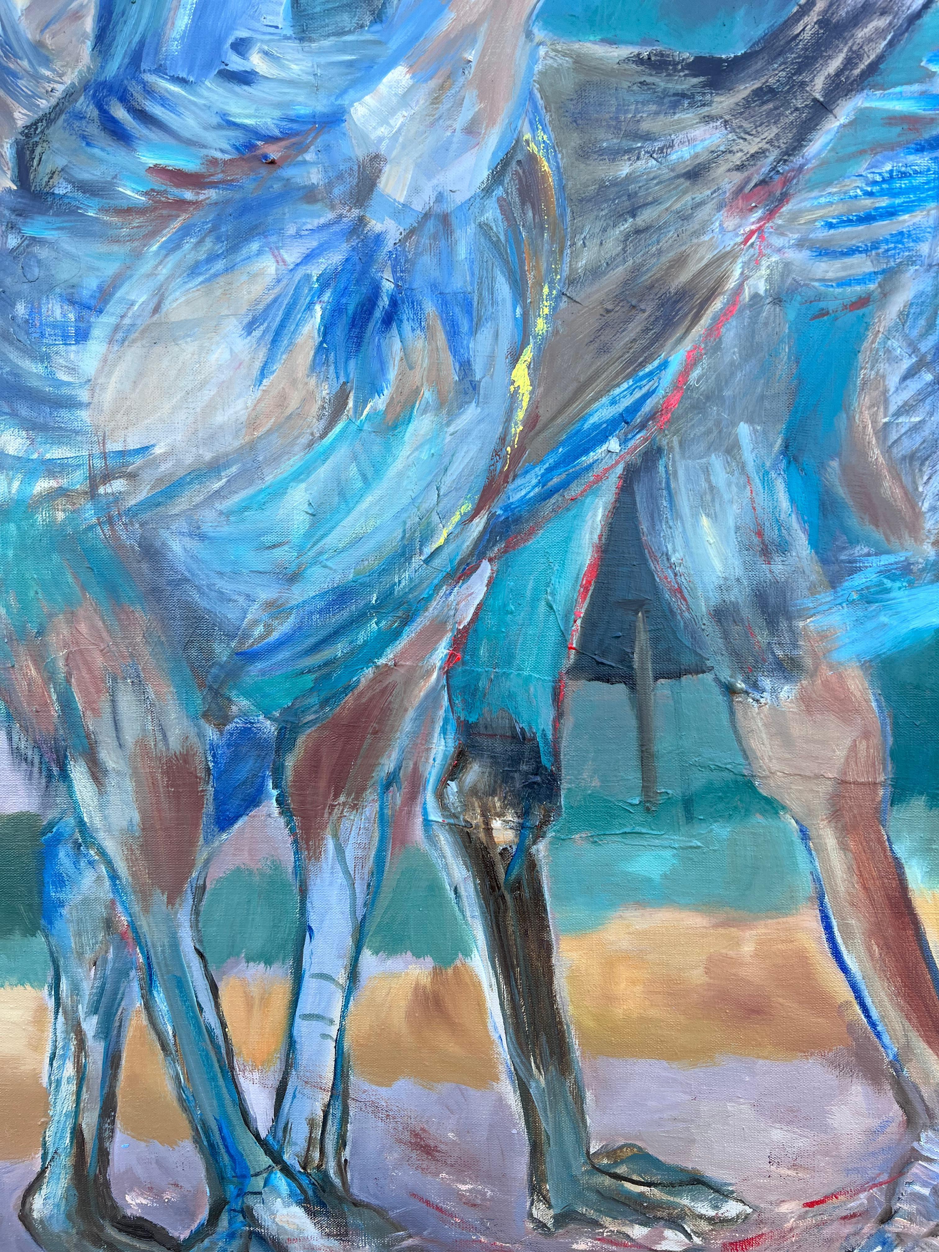 Immense peinture à l'huile abstraite contemporaine moderniste française exotique bleu vert oiseaux en vente 3