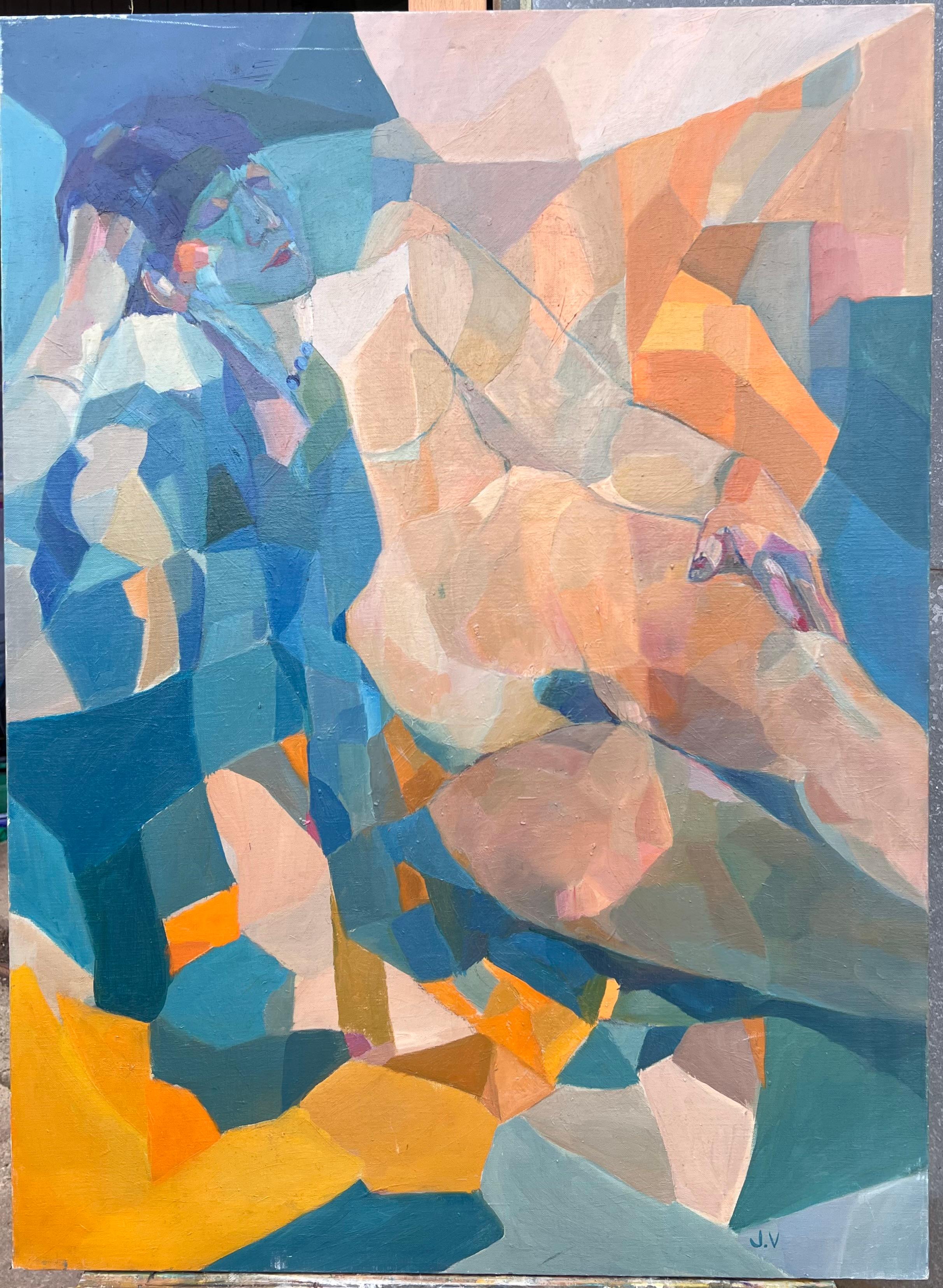 Riesiges französisches modernistisches abstraktes Ölgemälde figurative nackte Frau – Painting von Jacqueline Verdet (1931-2023)