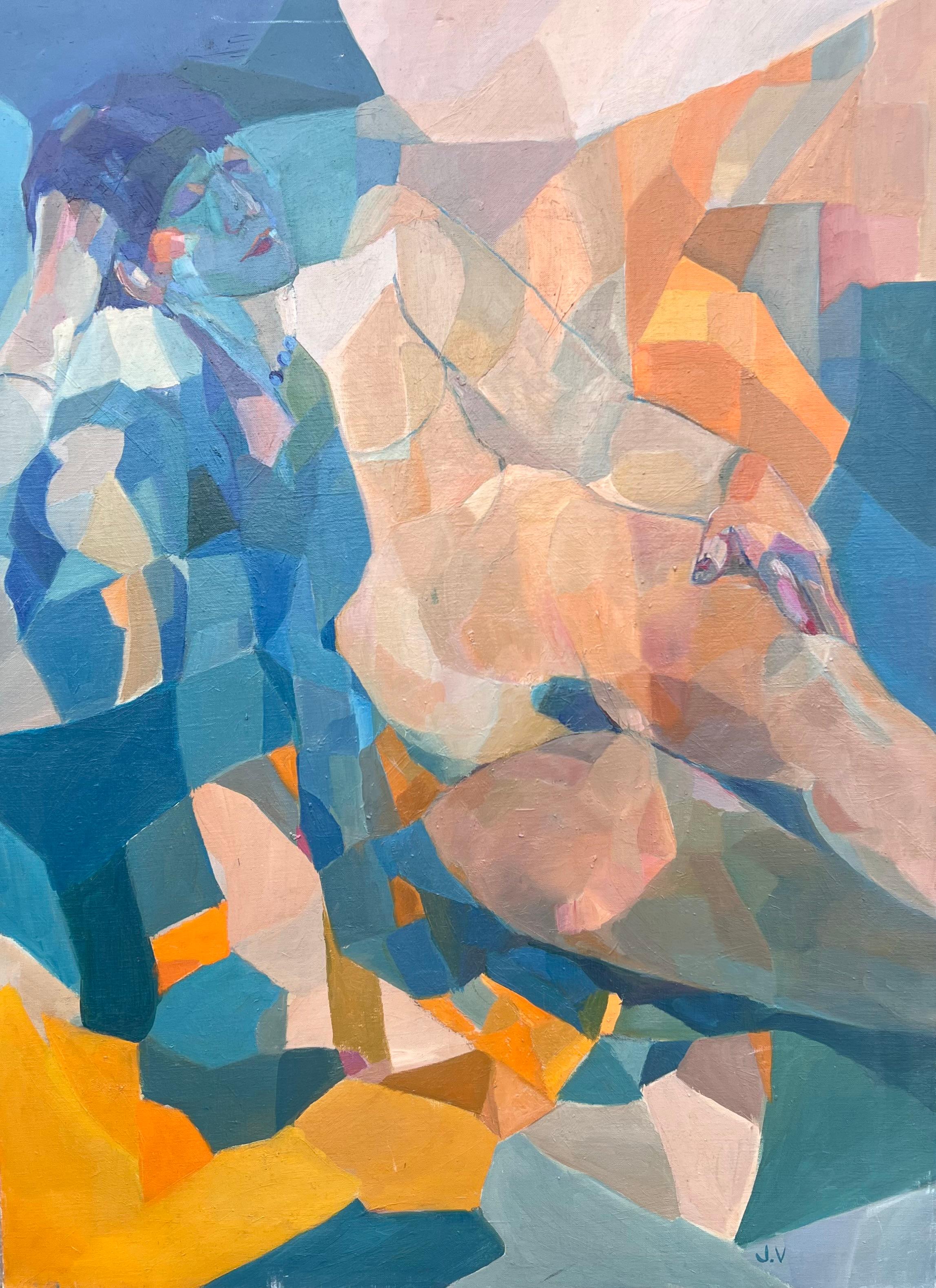 Riesiges französisches modernistisches abstraktes Ölgemälde figurative nackte Frau