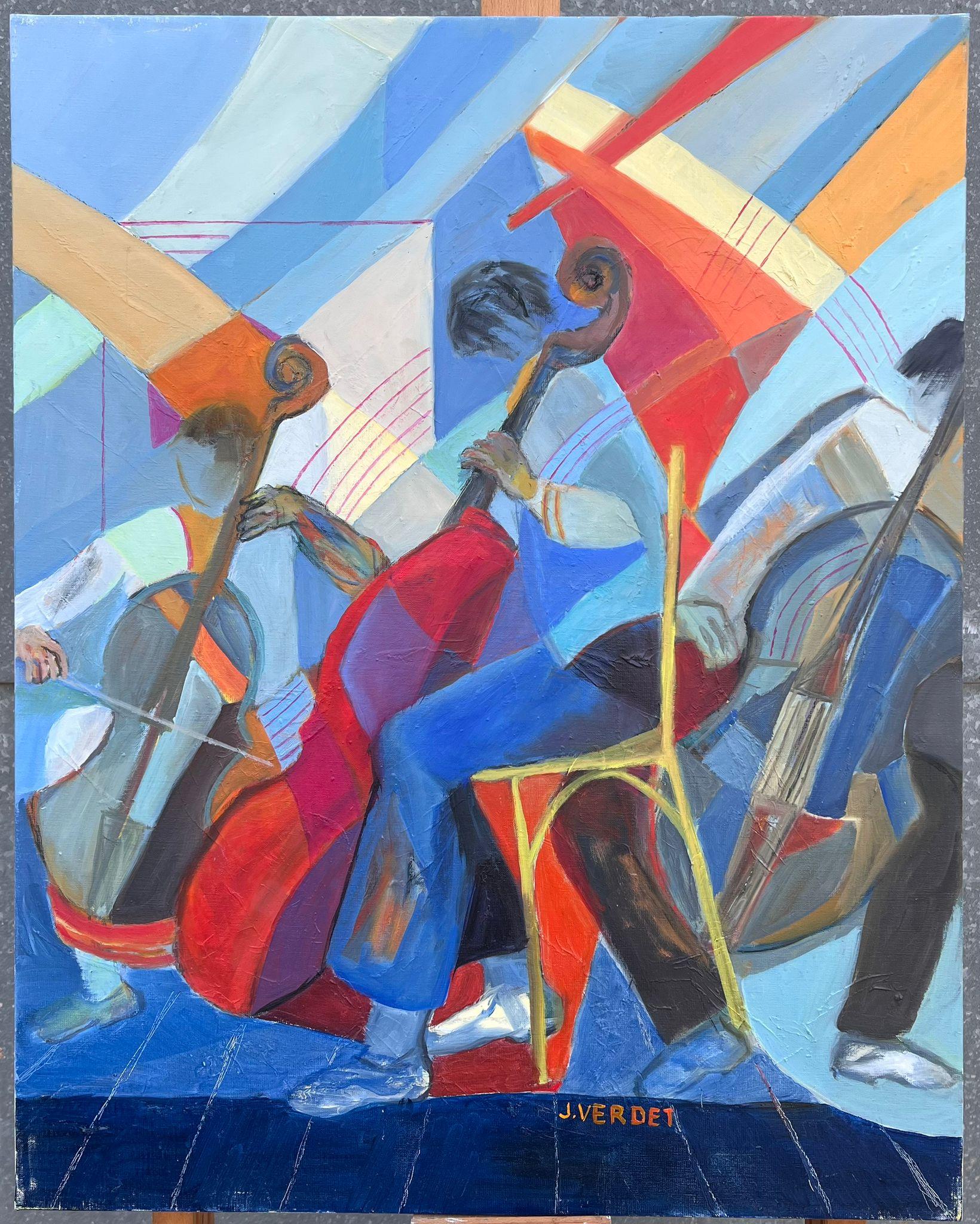 Huge French Contemporary Modernist Abstraktes Ölgemälde Musiker Kontrabass (Geometrische Abstraktion), Painting, von Jacqueline Verdet (1931-2023)