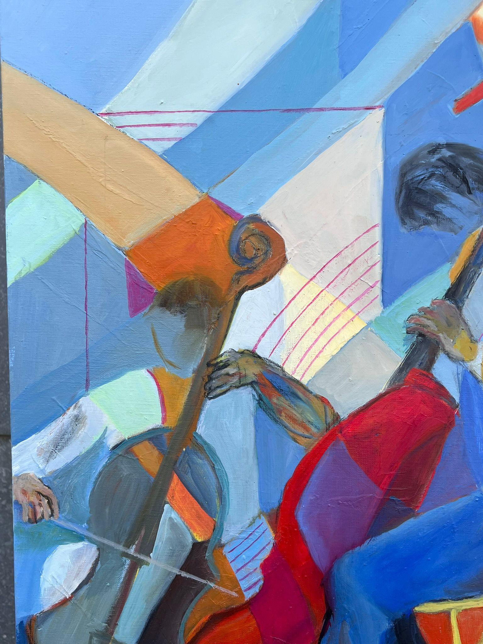 Huge French Contemporary Modernist Abstraktes Ölgemälde Musiker Kontrabass (Grau), Figurative Painting, von Jacqueline Verdet (1931-2023)