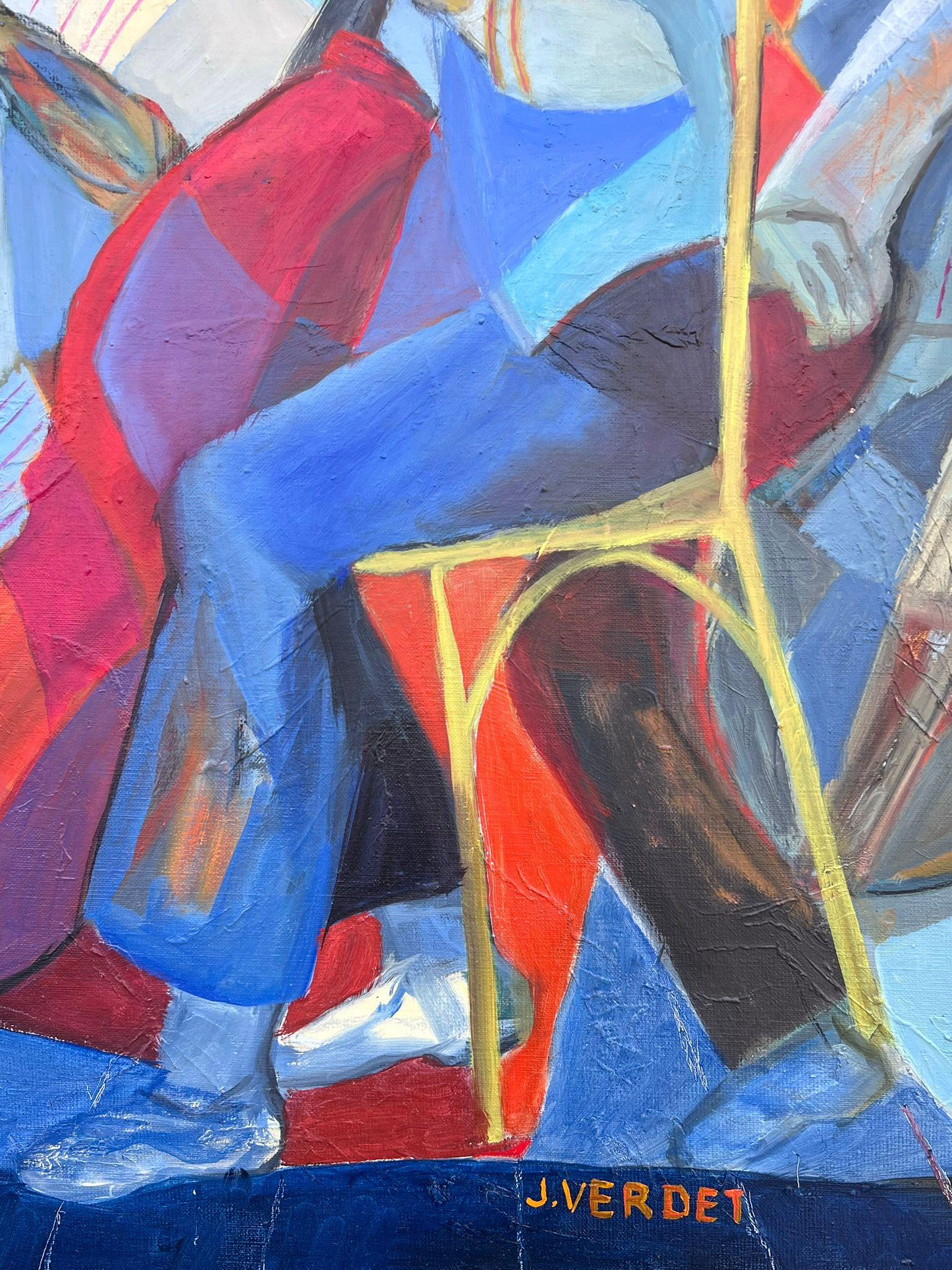 Huge French Contemporary Modernist Abstraktes Ölgemälde Musiker Kontrabass im Angebot 1