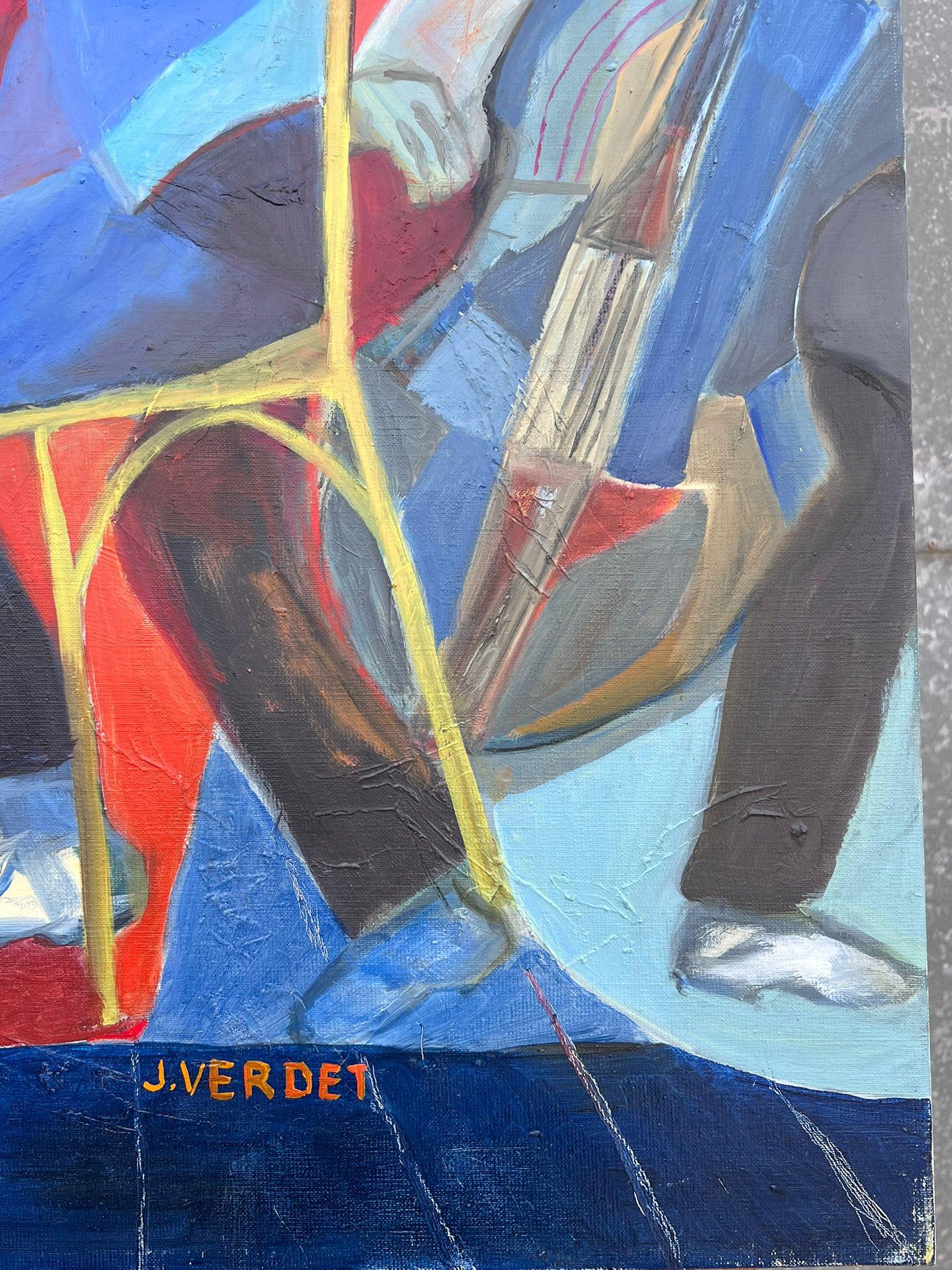 Huge French Contemporary Modernist Abstraktes Ölgemälde Musiker Kontrabass im Angebot 3