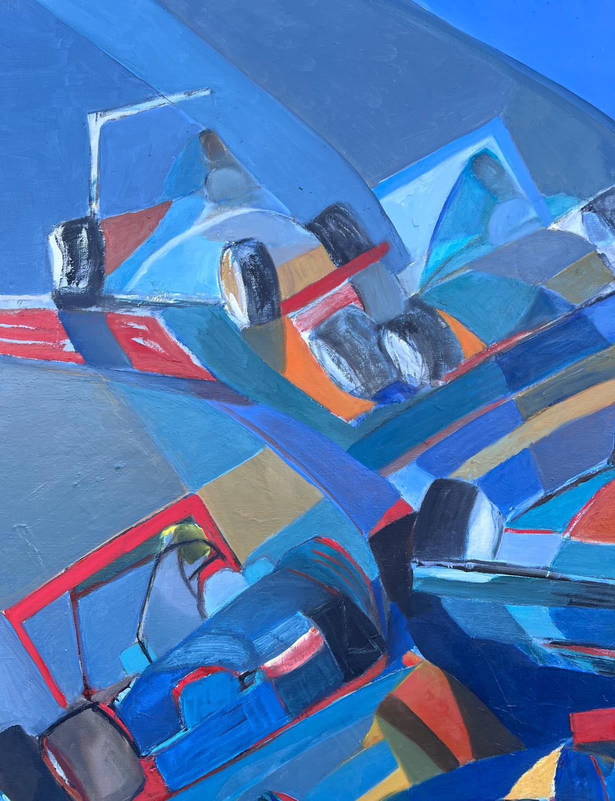 Immense peinture à l'huile abstraite contemporaine moderniste française Formule 1 Motor Racing - Géométrique abstrait Painting par Jacqueline Verdet (1931-2023)