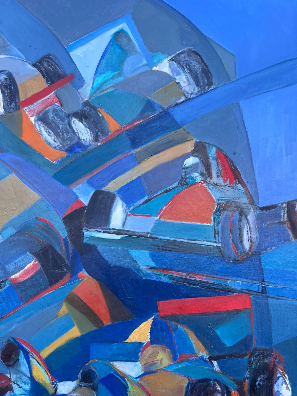 Immense peinture à l'huile abstraite contemporaine moderniste française Formule 1 Motor Racing - Bleu Landscape Painting par Jacqueline Verdet (1931-2023)