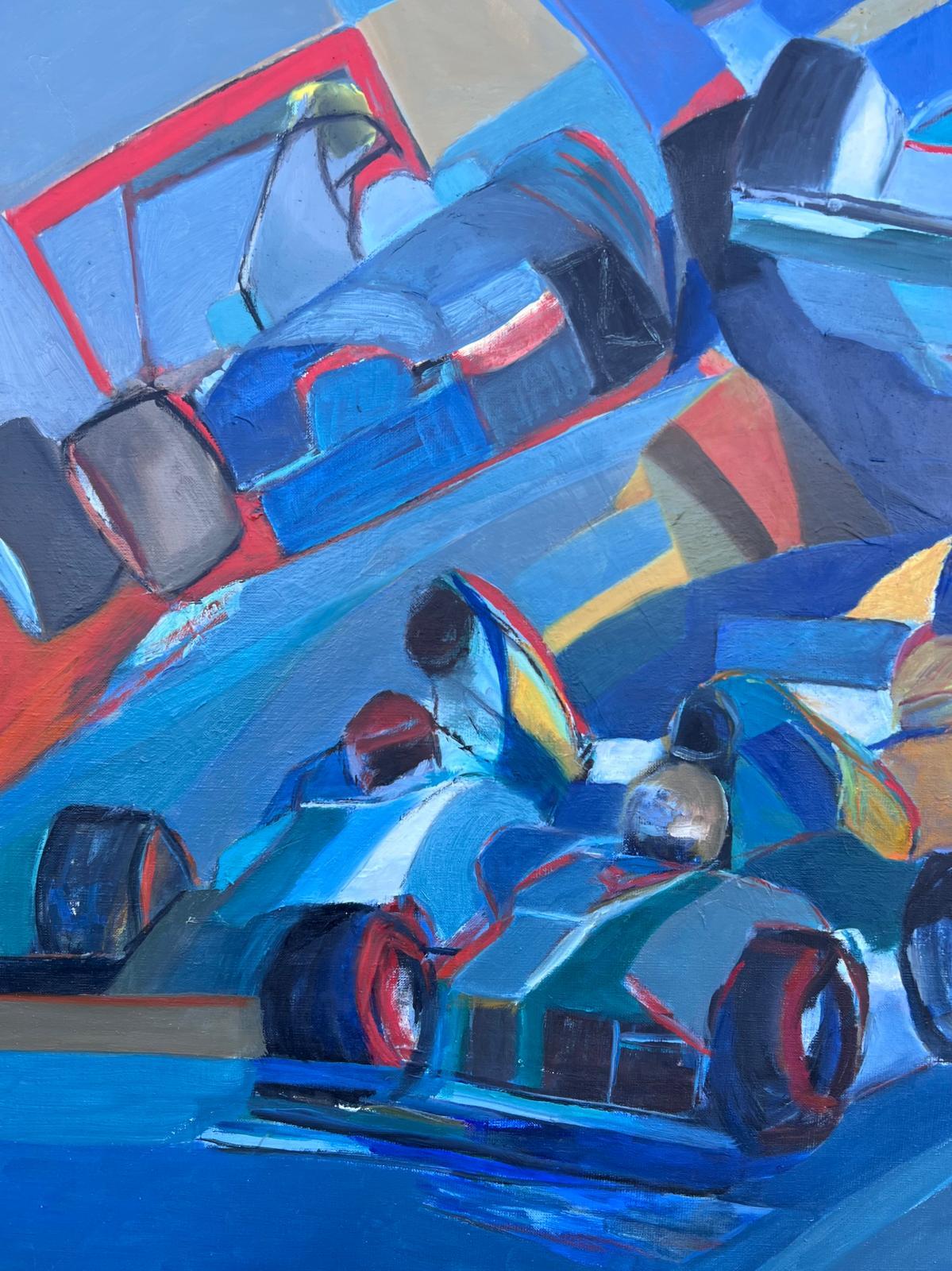 Composition abstraite, voitures de course de Formule 1
signé par Jacqueline VERDET (Française, 1931-2023)
peinture à l'huile sur toile, non encadrée
toile : 45.5 x 32 pouces
état : l'œuvre est dans l'ensemble très saine et en bon état ; très légères