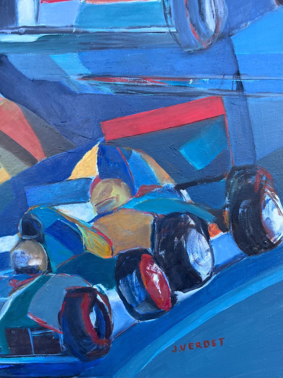 Immense peinture à l'huile abstraite contemporaine moderniste française Formule 1 Motor Racing en vente 1