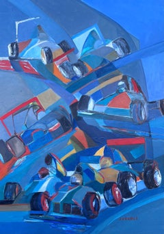 Huge French Contemporary Modernist Abstract Oil Painting Formula 1 Motor Racing