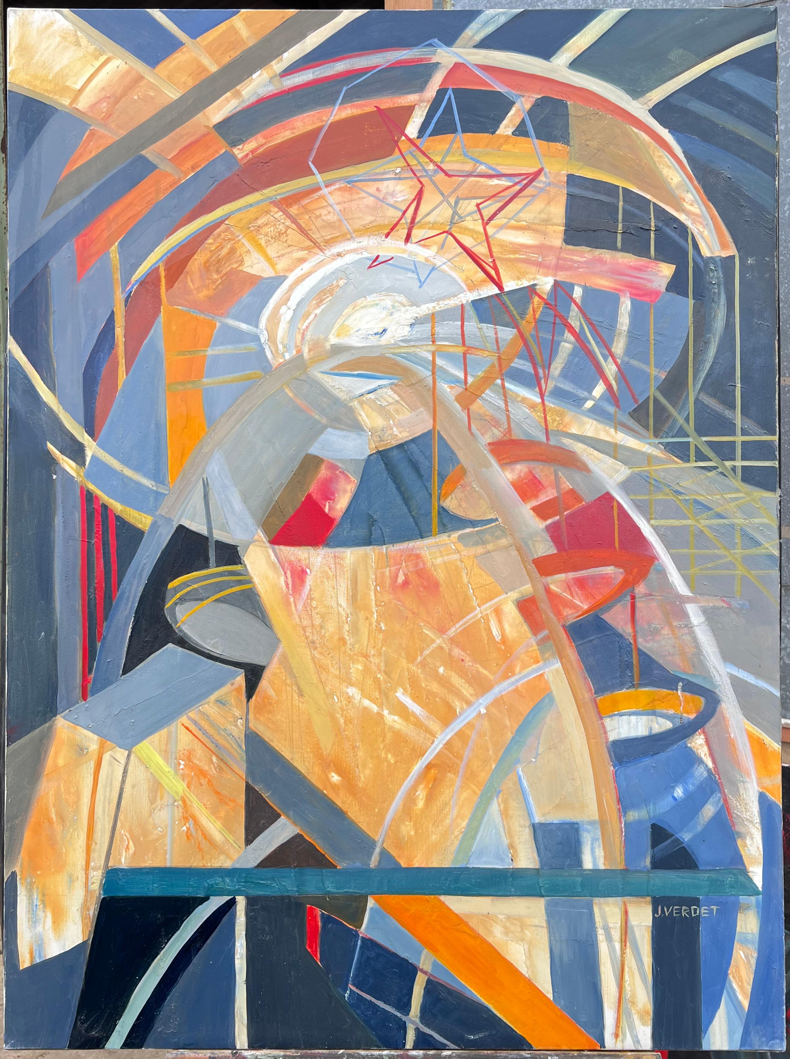 Riesiges französisches modernistisches abstraktes Ölgemälde Futuristische Fantasie-Szene – Painting von Jacqueline Verdet (1931-2023)
