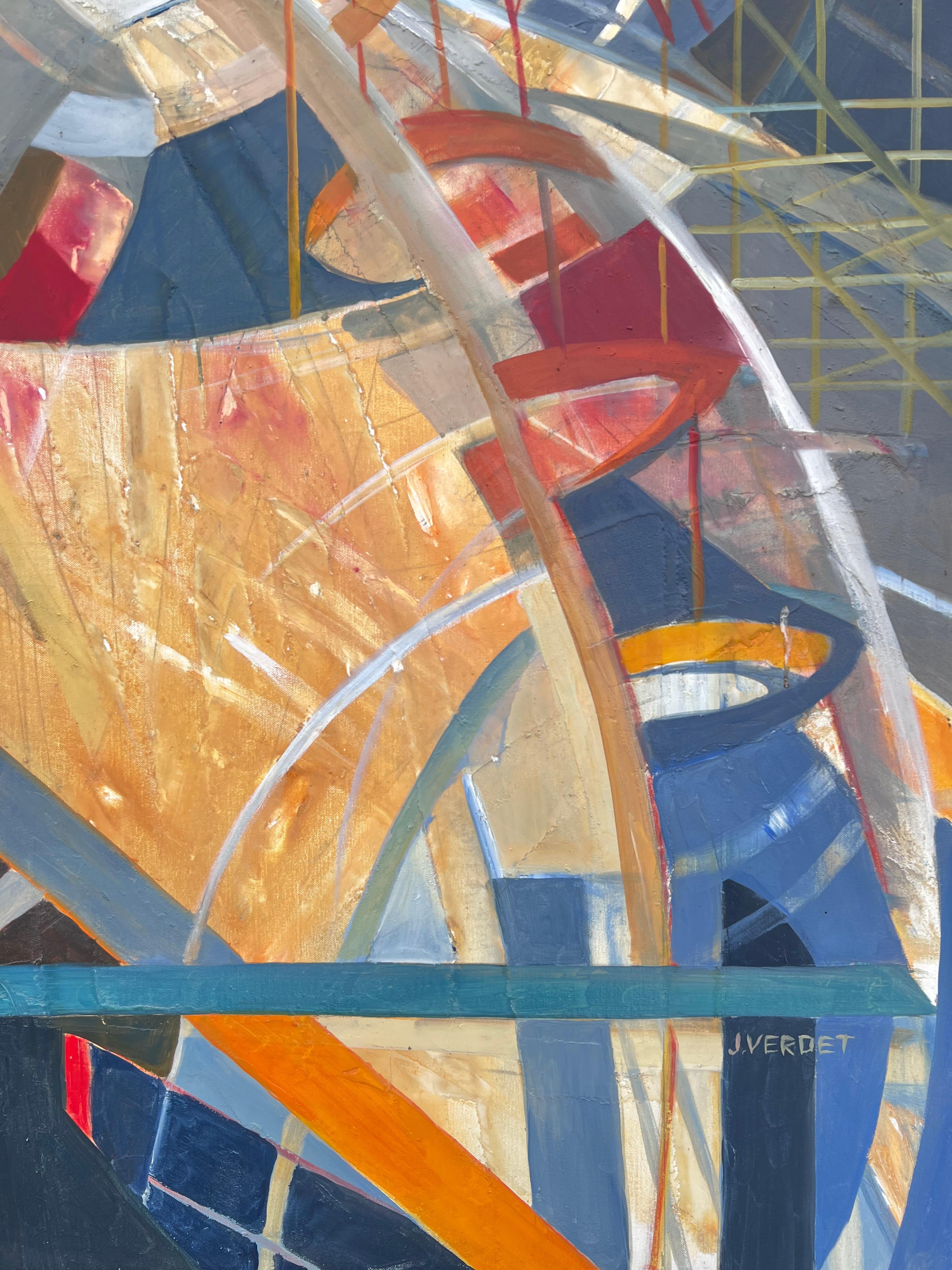 Riesiges französisches modernistisches abstraktes Ölgemälde Futuristische Fantasie-Szene (Geometrische Abstraktion), Painting, von Jacqueline Verdet (1931-2023)