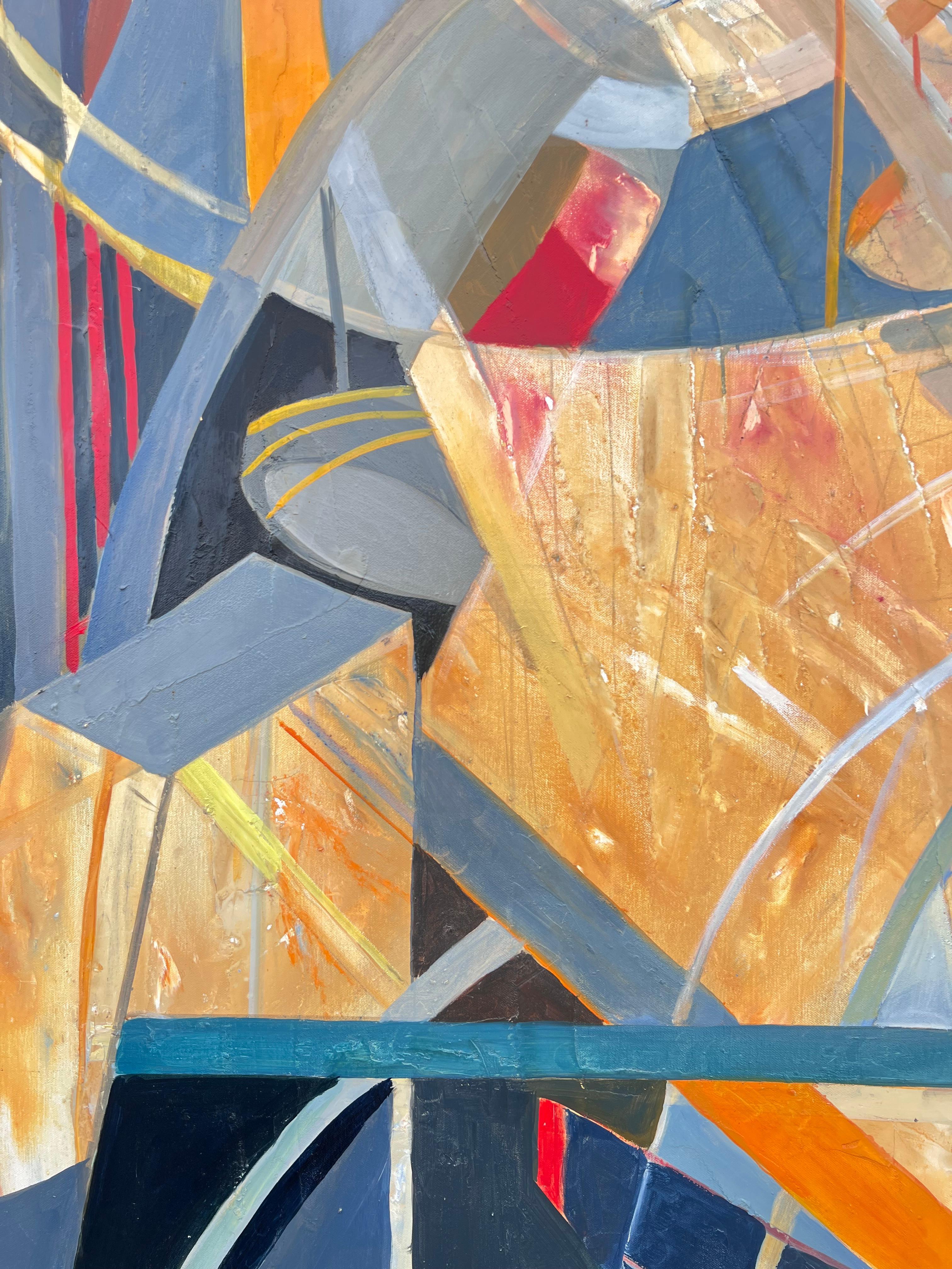 Riesiges französisches modernistisches abstraktes Ölgemälde Futuristische Fantasie-Szene (Braun), Abstract Painting, von Jacqueline Verdet (1931-2023)