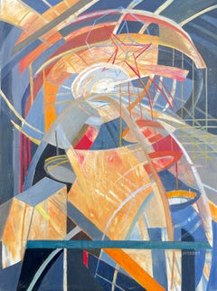Huge French Contemporary Modernist Abstract Oil Painting Futurist Fantasy Scene