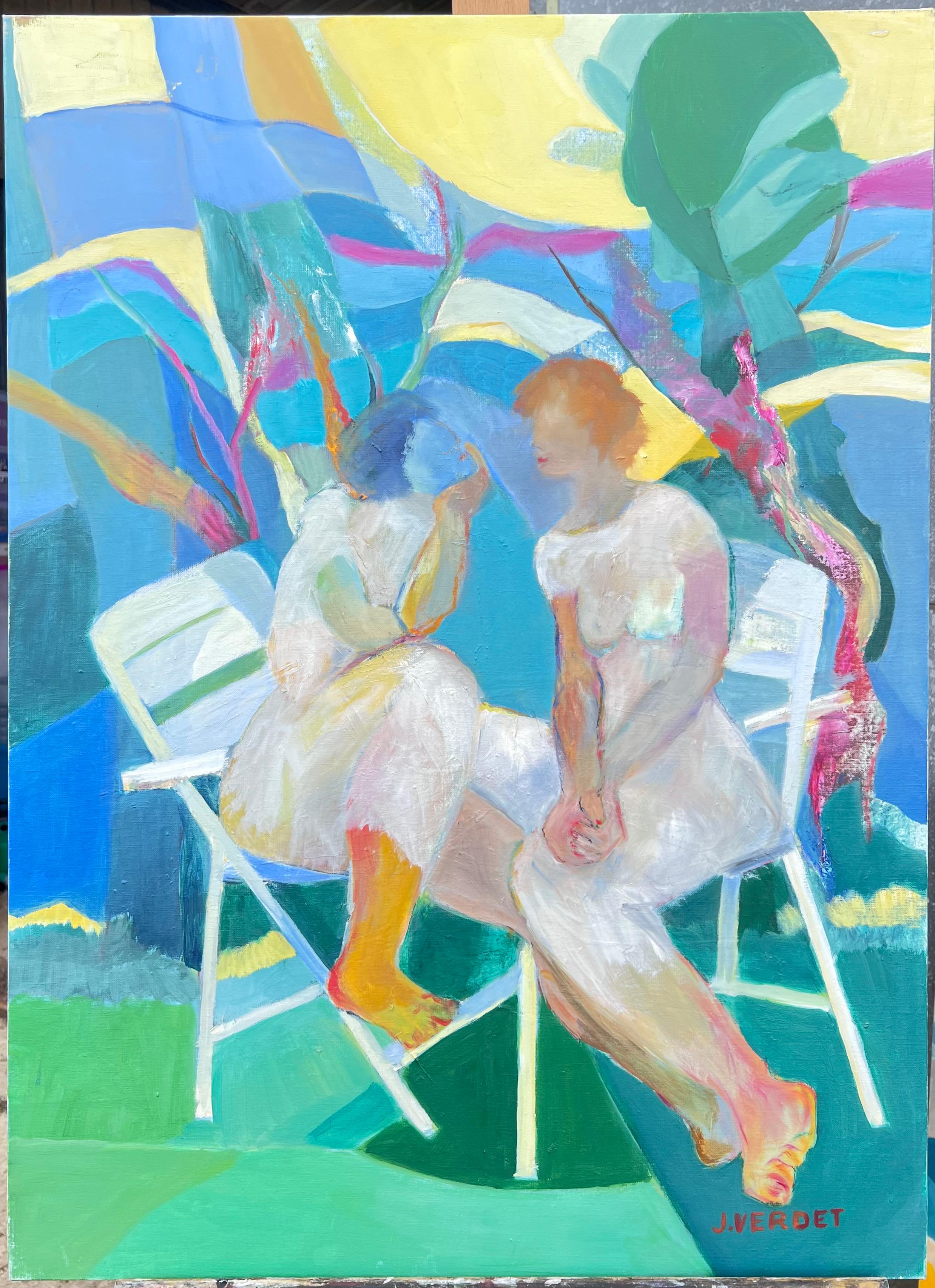 Huge French Contemporary Modernist Abstract Oil Painting Ladies Chatting Garden - Blue Abstract Painting by Jacqueline Verdet (1931-2023)