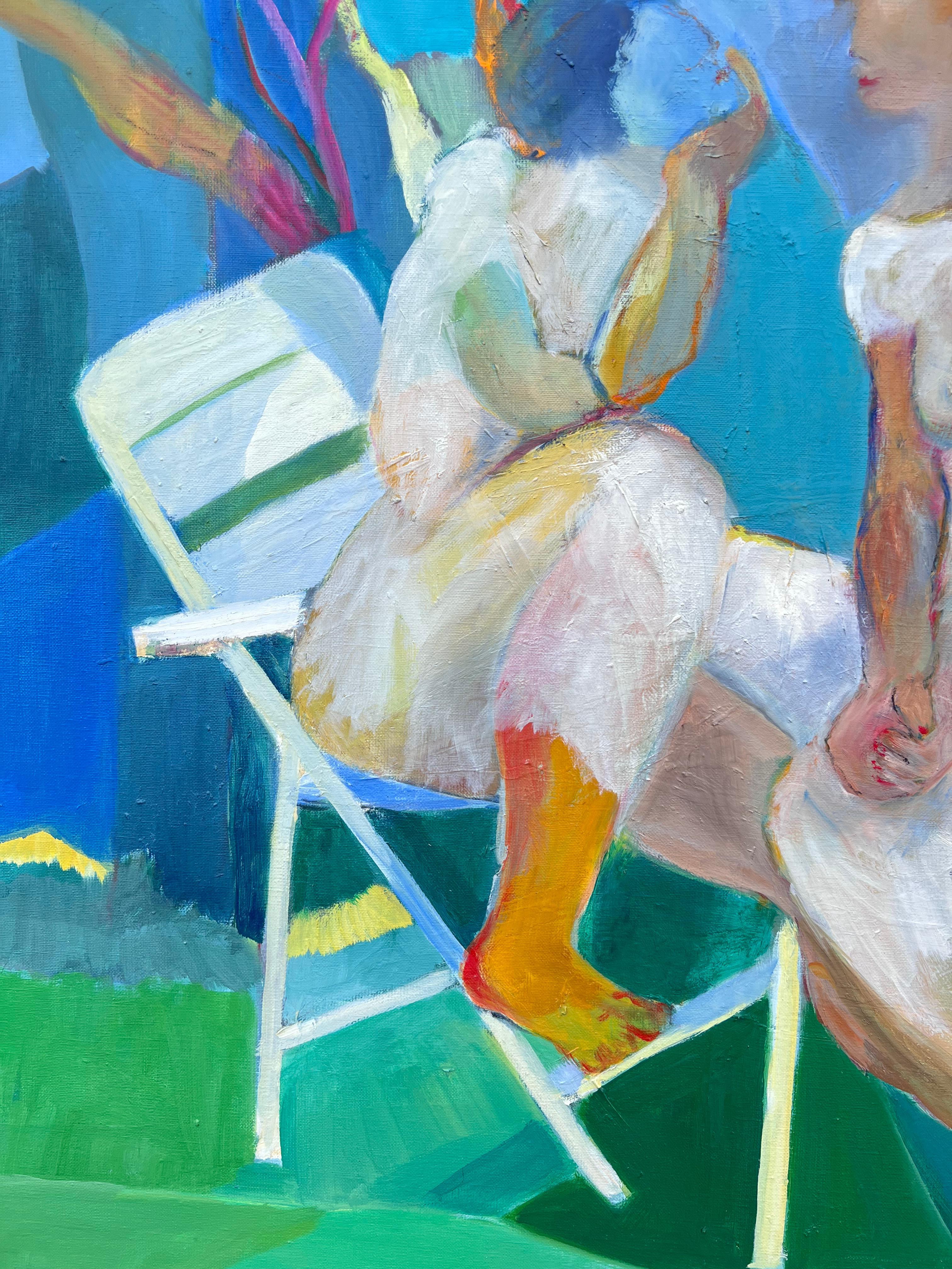 Huge French Contemporary Modernist Abstract Oil Painting Ladies Chatting Garden For Sale 3