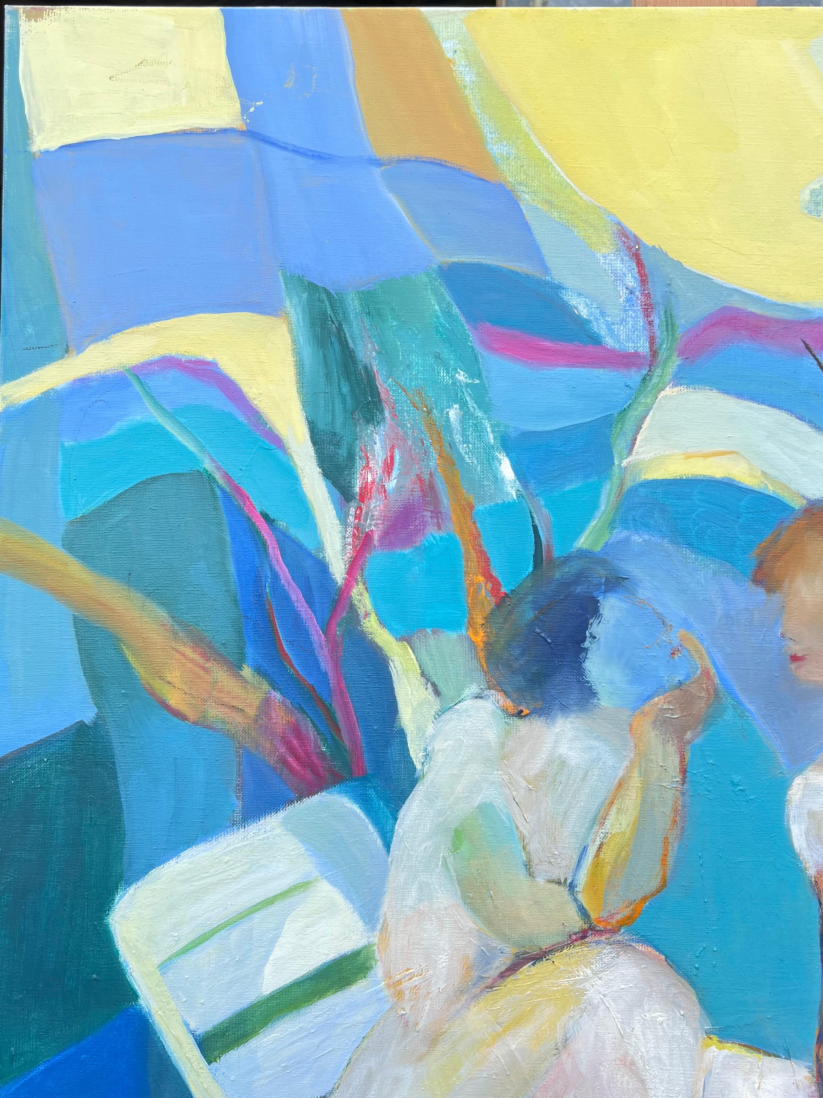 Huge French Contemporary Modernist Abstract Oil Painting Ladies Chatting Garden For Sale 5
