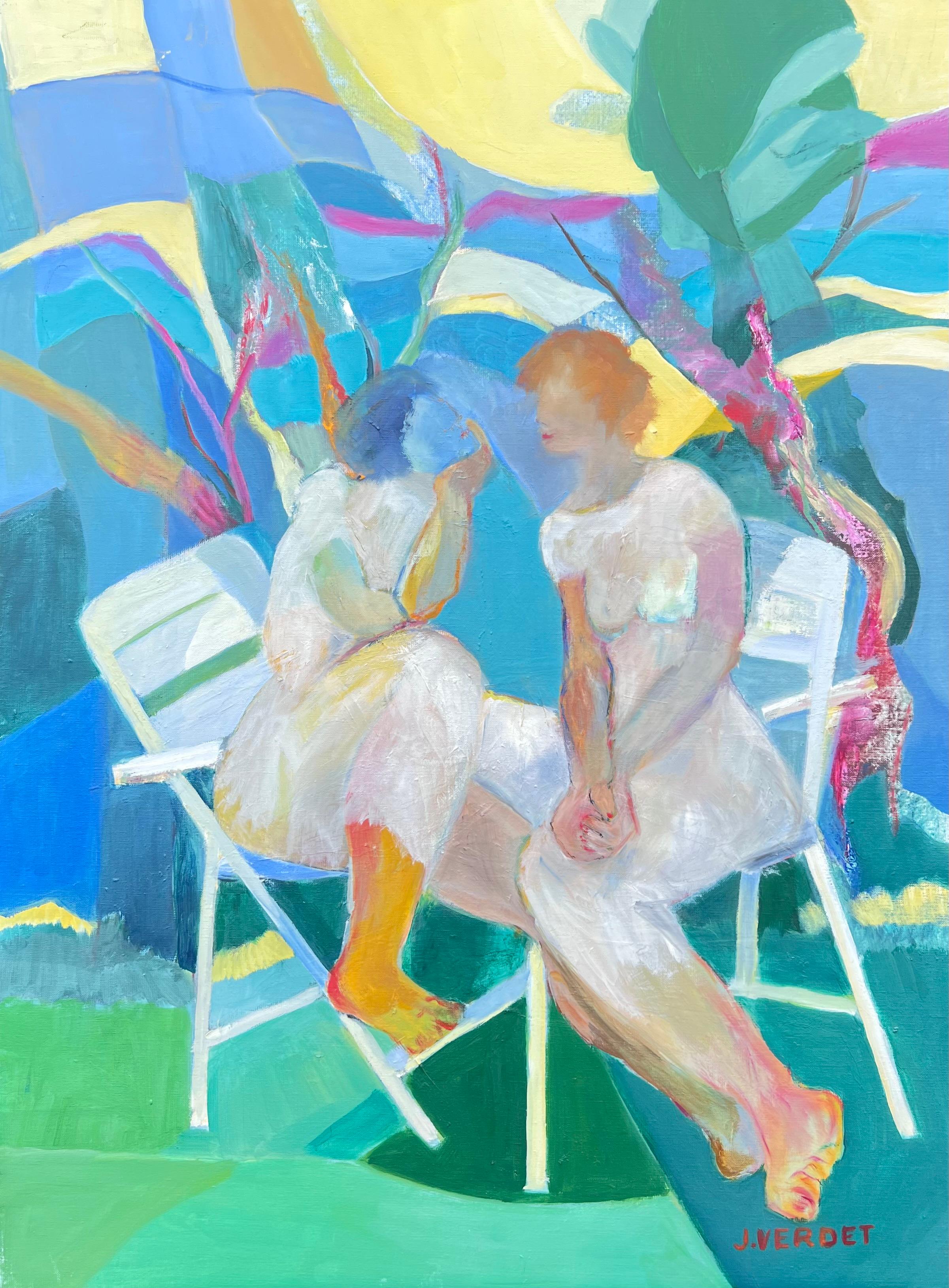 Jacqueline Verdet (1931-2023) Abstract Painting - Huge French Contemporary Modernist Abstract Oil Painting Ladies Chatting Garden