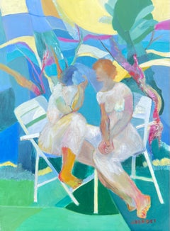 Huge French Contemporary Modernist Abstract Oil Painting Ladies Chatting Garden