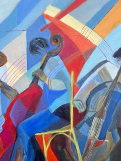 Huge French Contemporary Modernist Abstract Oil Painting Musicians Double Bass