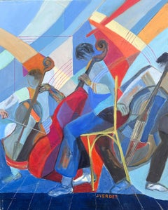 Huge French Contemporary Modernist Abstract Oil Painting Musicians Double Bass