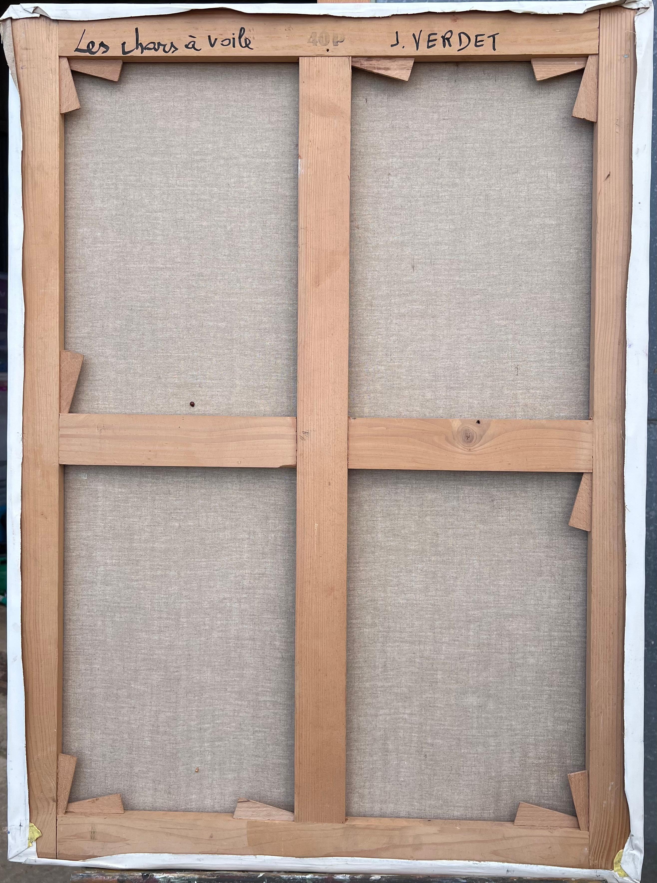 Großes französisches modernistisches abstraktes Ölgemälde Segelnde Yachten auf dem Meer im Angebot 5