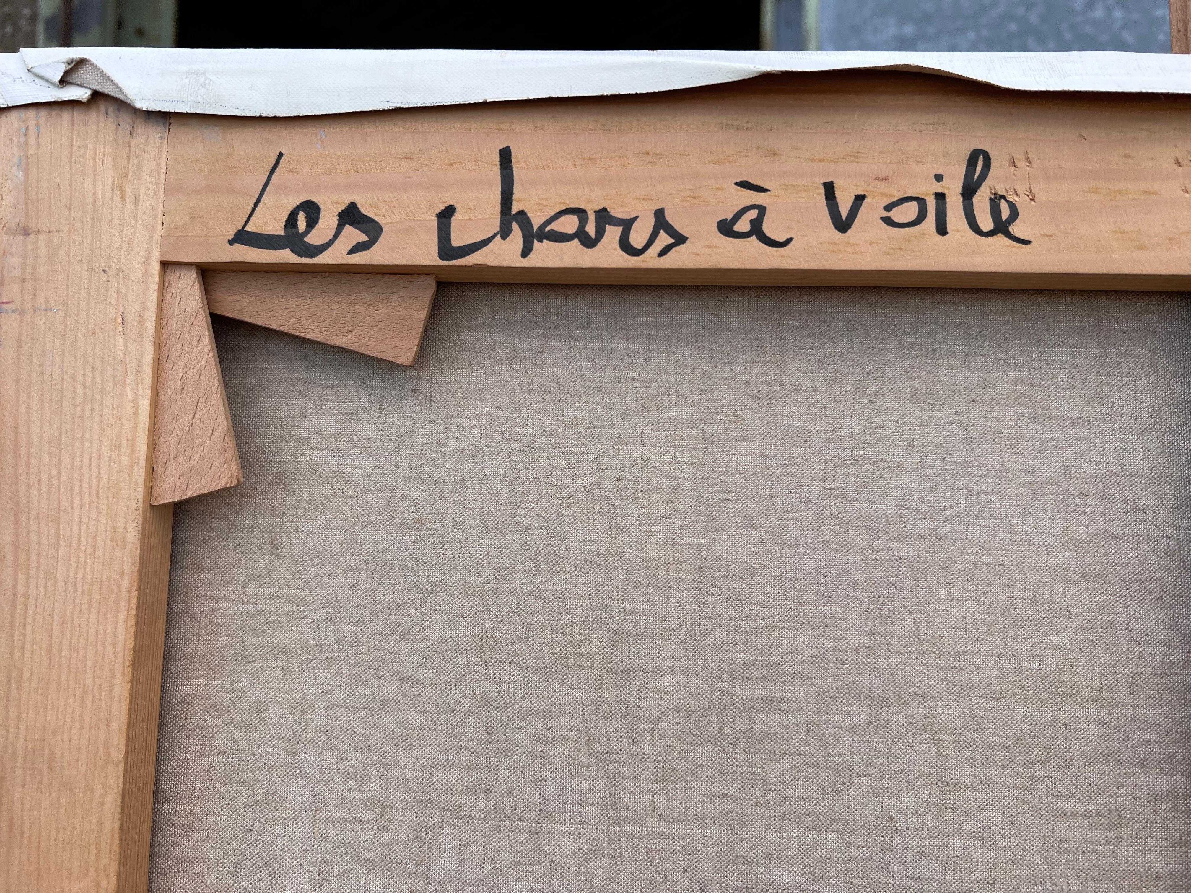 Großes französisches modernistisches abstraktes Ölgemälde Segelnde Yachten auf dem Meer im Angebot 6