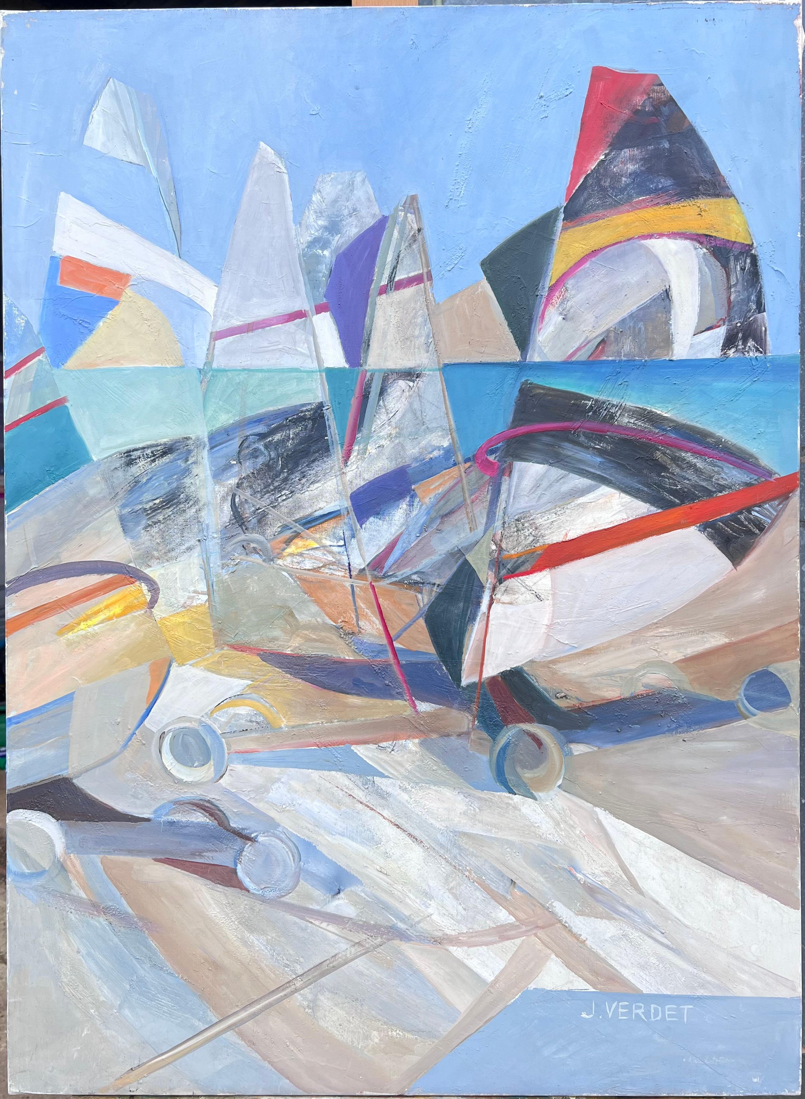 Großes französisches modernistisches abstraktes Ölgemälde Segelnde Yachten auf dem Meer – Painting von Jacqueline Verdet (1931-2023)