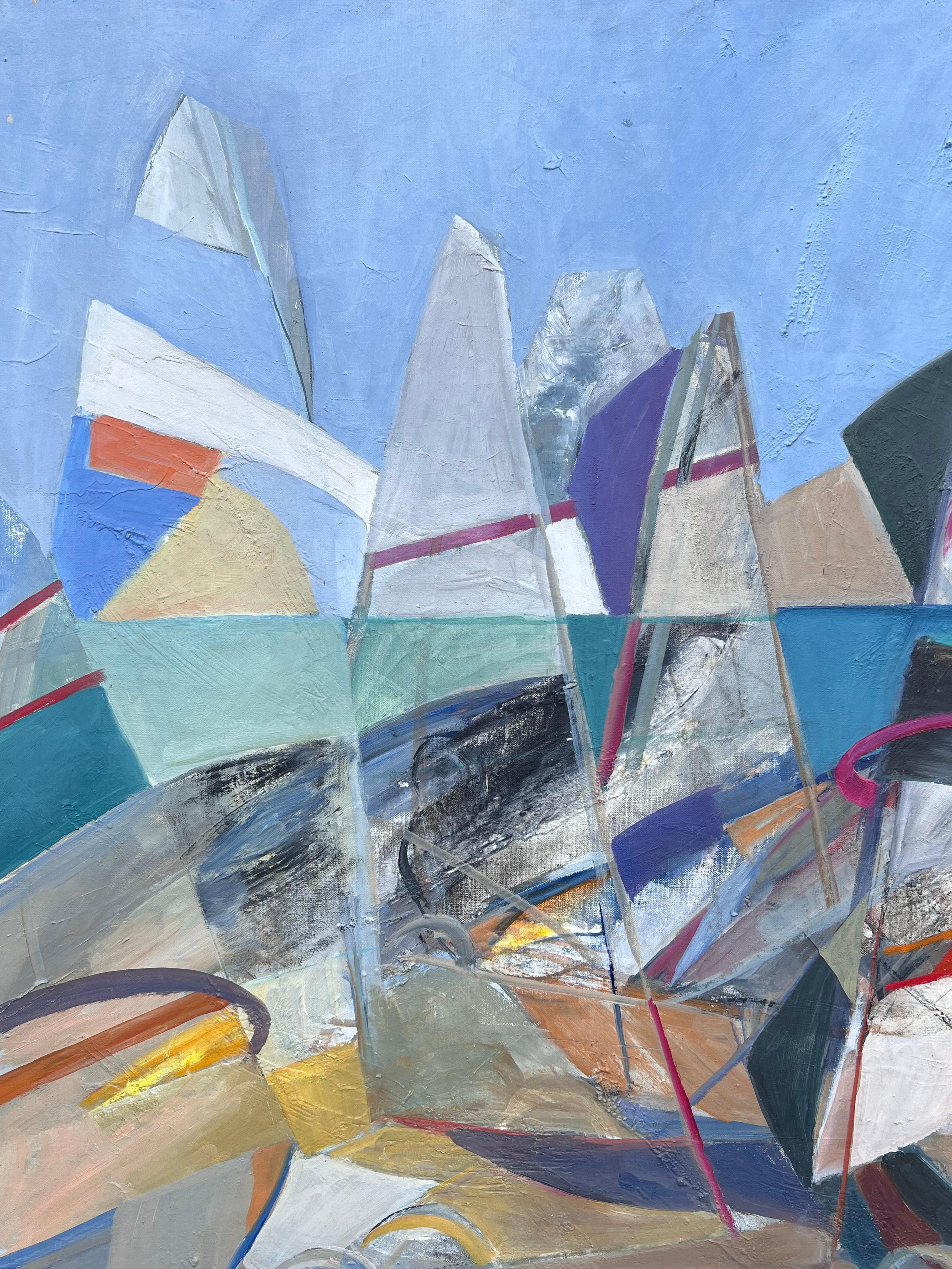 Großes französisches modernistisches abstraktes Ölgemälde Segelnde Yachten auf dem Meer (Geometrische Abstraktion), Painting, von Jacqueline Verdet (1931-2023)