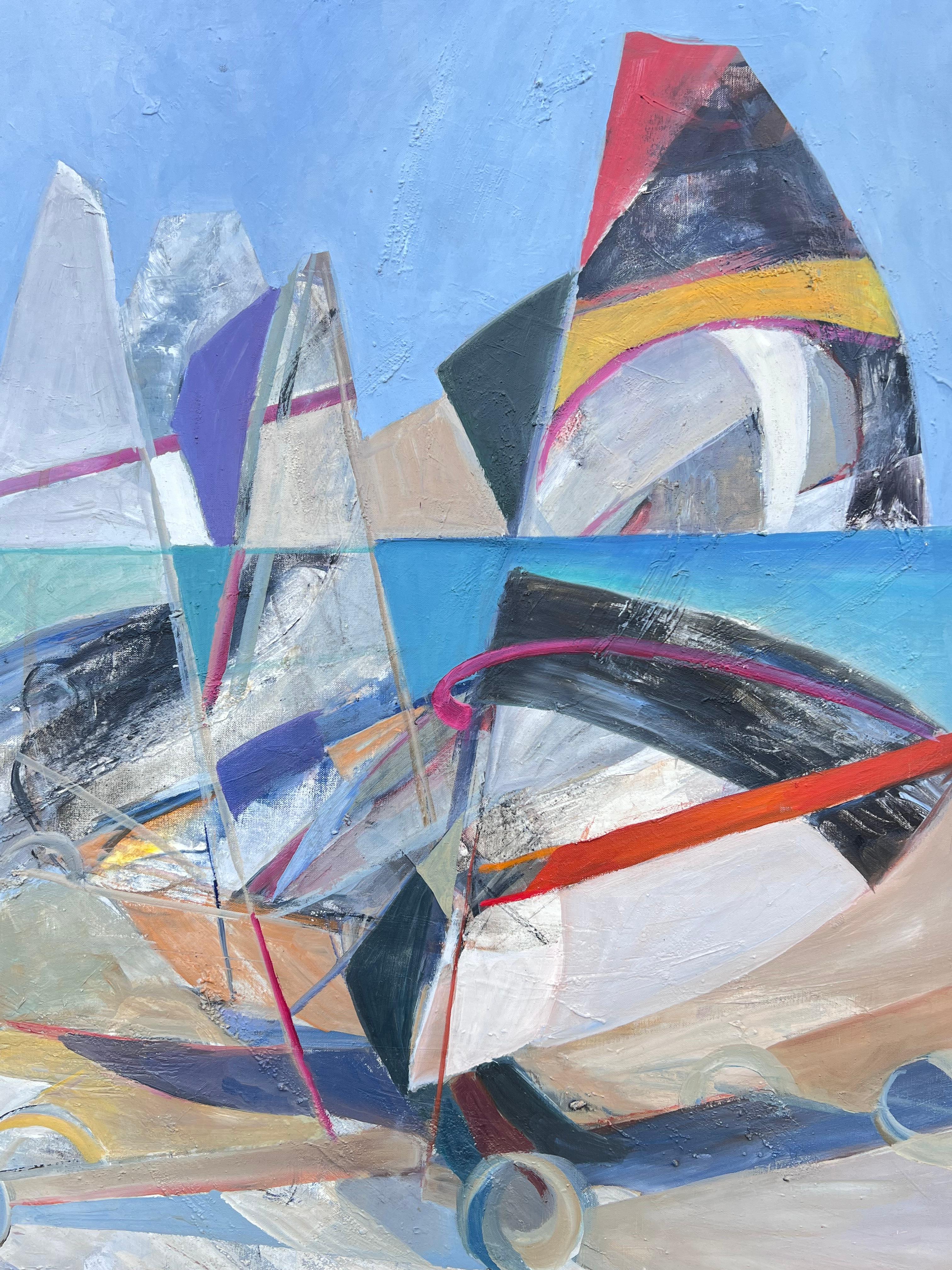 Großes französisches modernistisches abstraktes Ölgemälde Segelnde Yachten auf dem Meer (Violett), Abstract Painting, von Jacqueline Verdet (1931-2023)