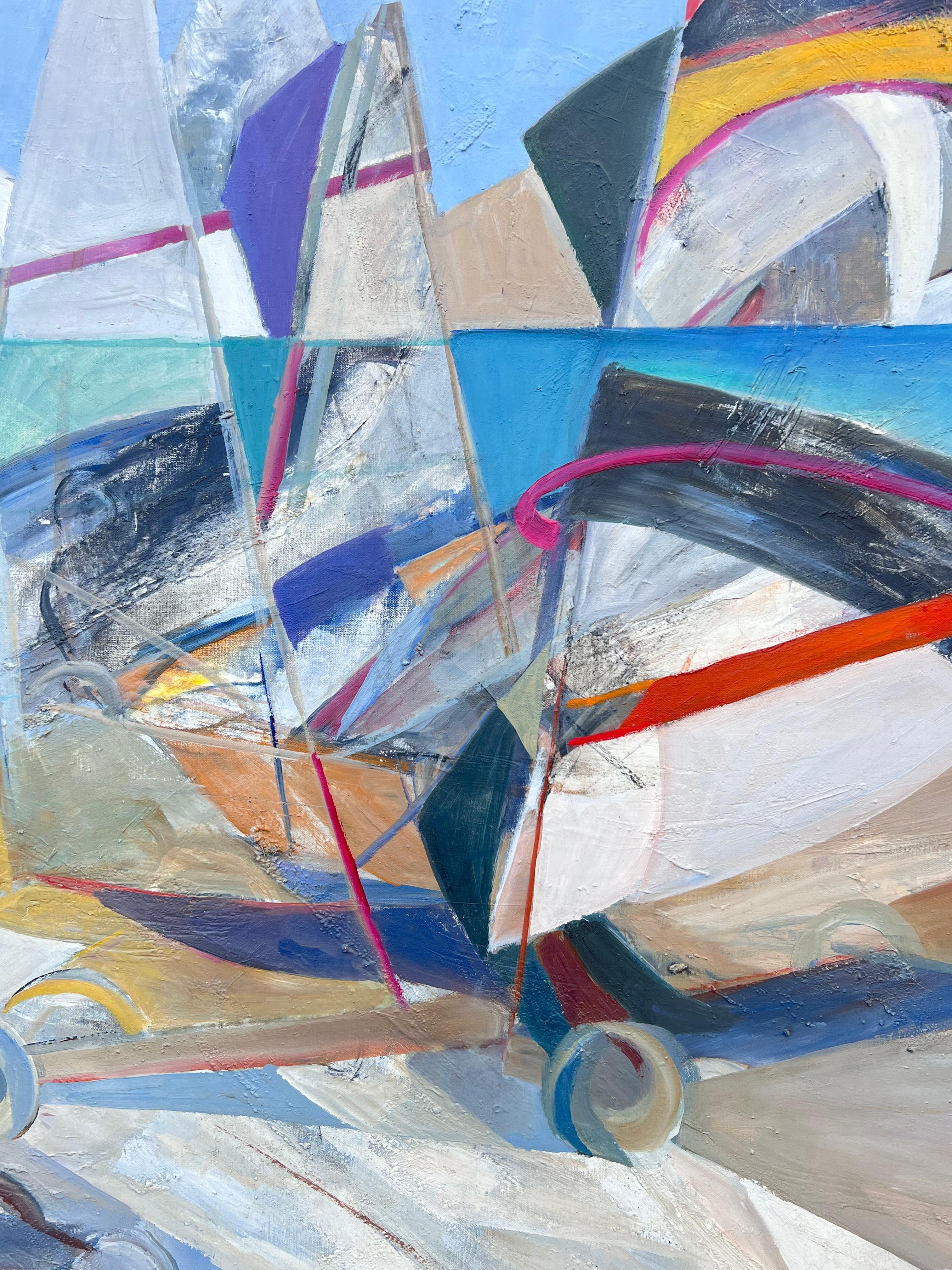 Großes französisches modernistisches abstraktes Ölgemälde Segelnde Yachten auf dem Meer im Angebot 1