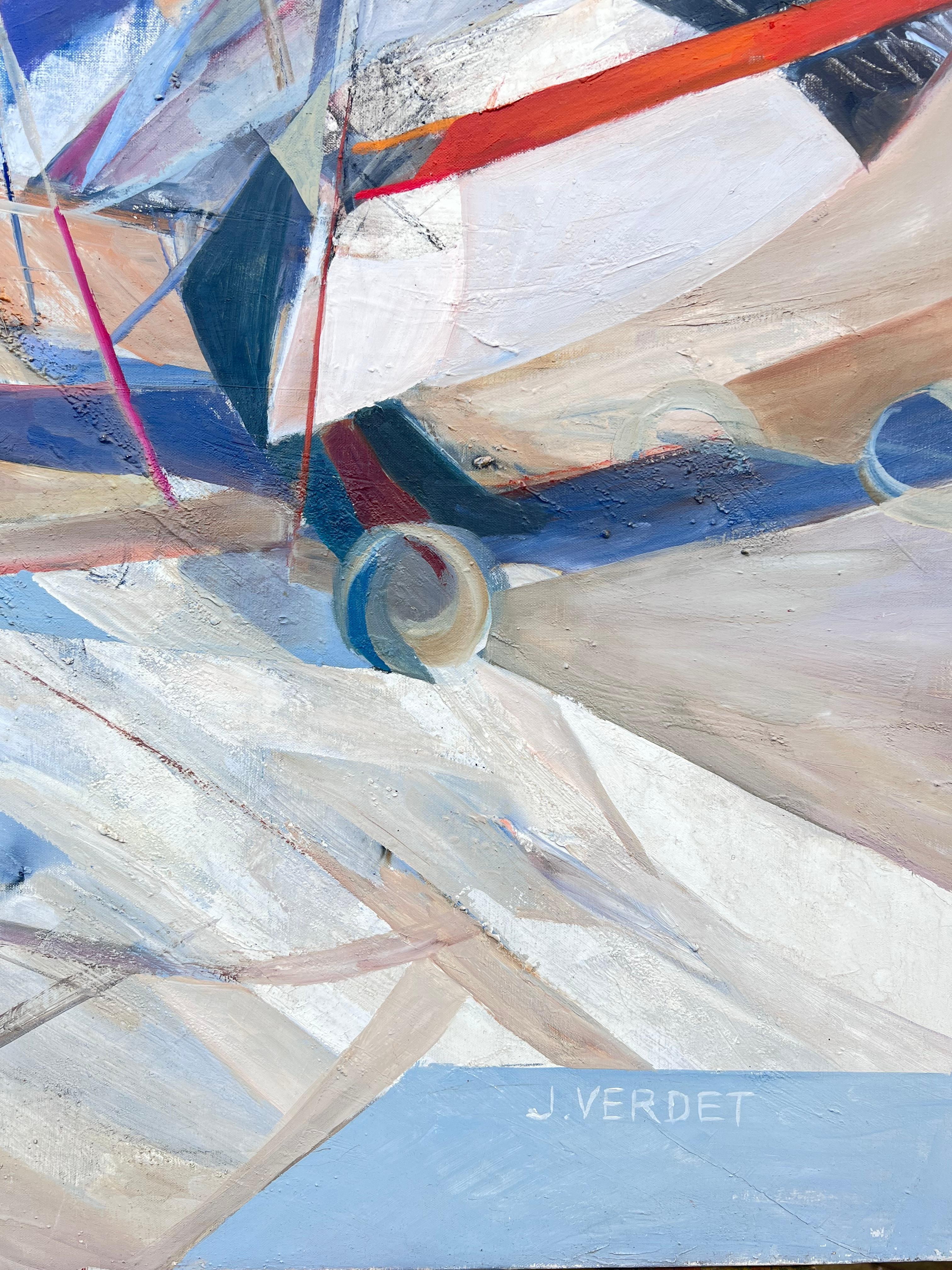 Großes französisches modernistisches abstraktes Ölgemälde Segelnde Yachten auf dem Meer im Angebot 2