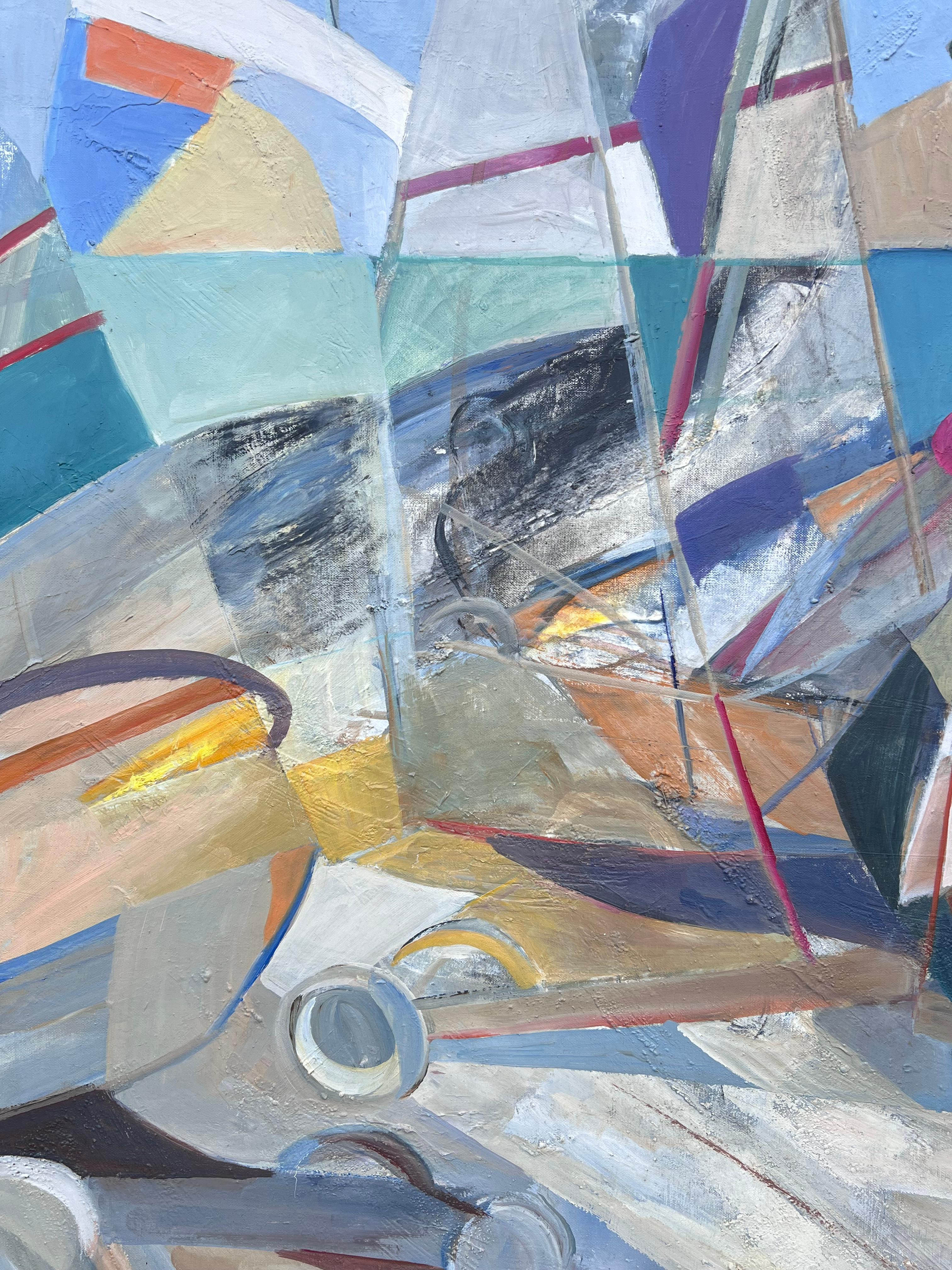 Großes französisches modernistisches abstraktes Ölgemälde Segelnde Yachten auf dem Meer im Angebot 3