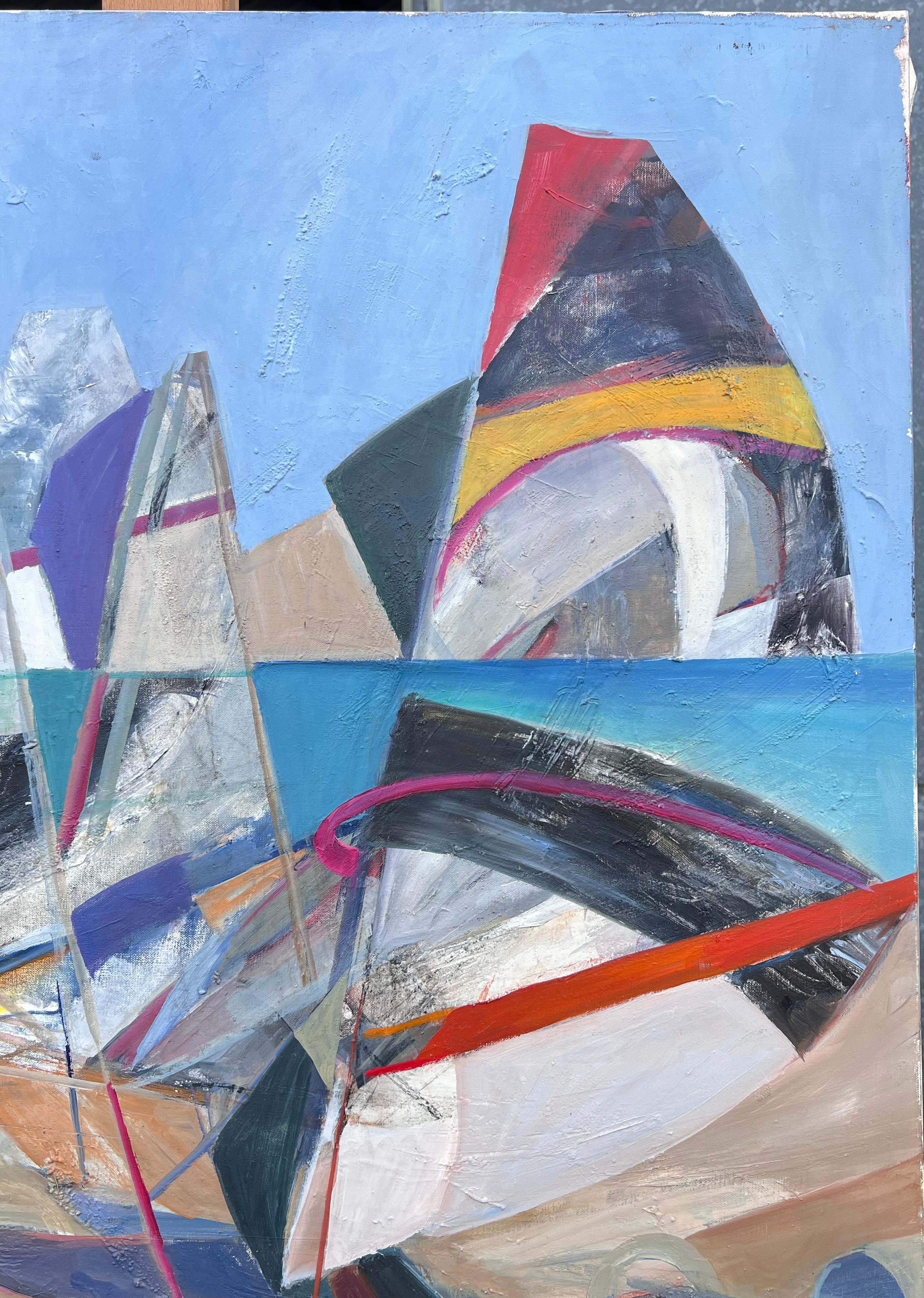 Großes französisches modernistisches abstraktes Ölgemälde Segelnde Yachten auf dem Meer im Angebot 4