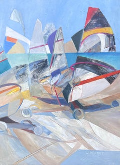 Huge French Contemporary Modernist Abstract Oil Painting Sailing Yachts at Sea