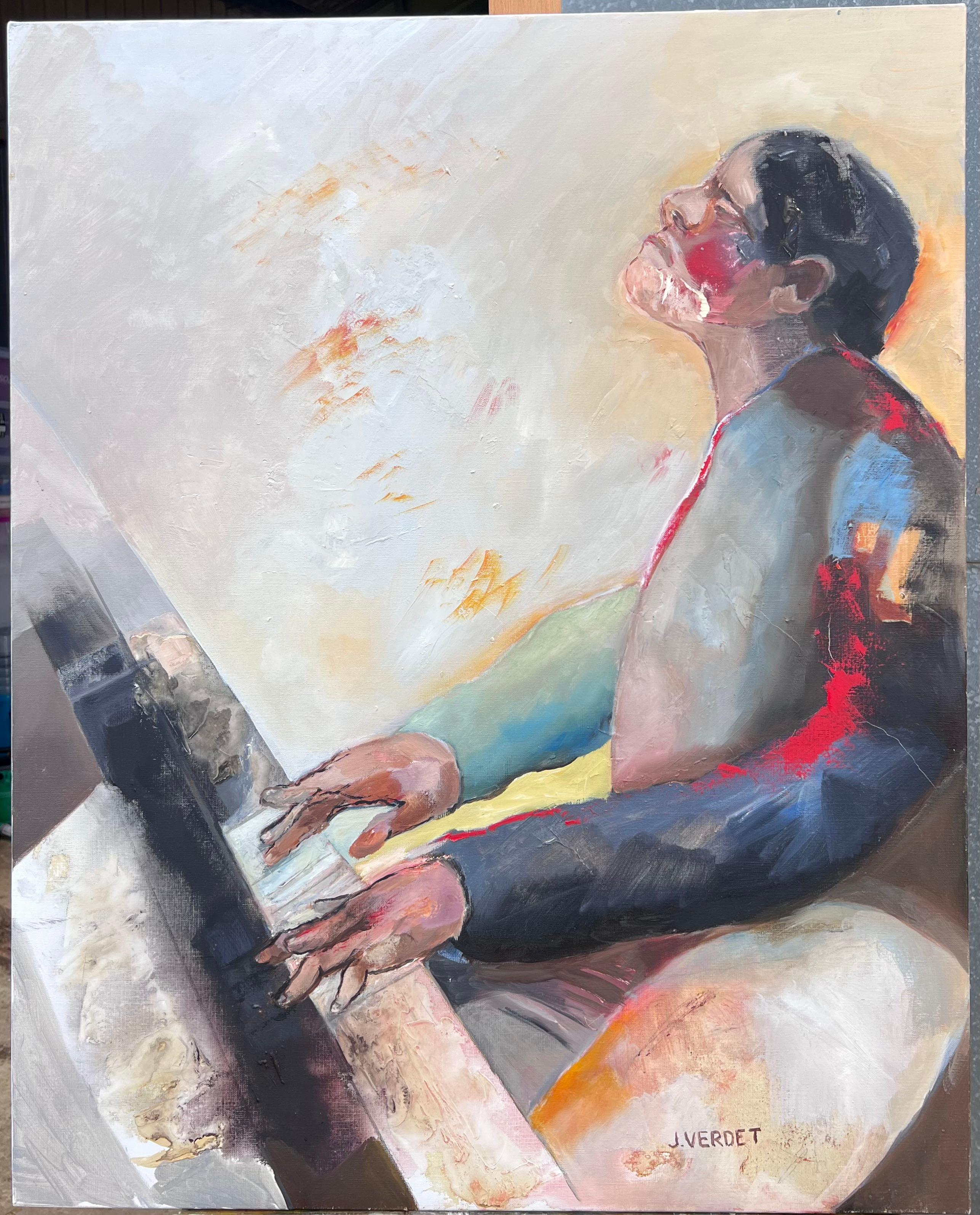Huge French Contemporary Modernist Abstract Oil Painting The Piano Player - Gray Figurative Painting by Jacqueline Verdet (1931-2023)