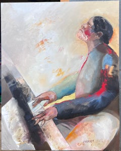 Huge French Contemporary Modernist Abstract Oil Painting The Piano Player