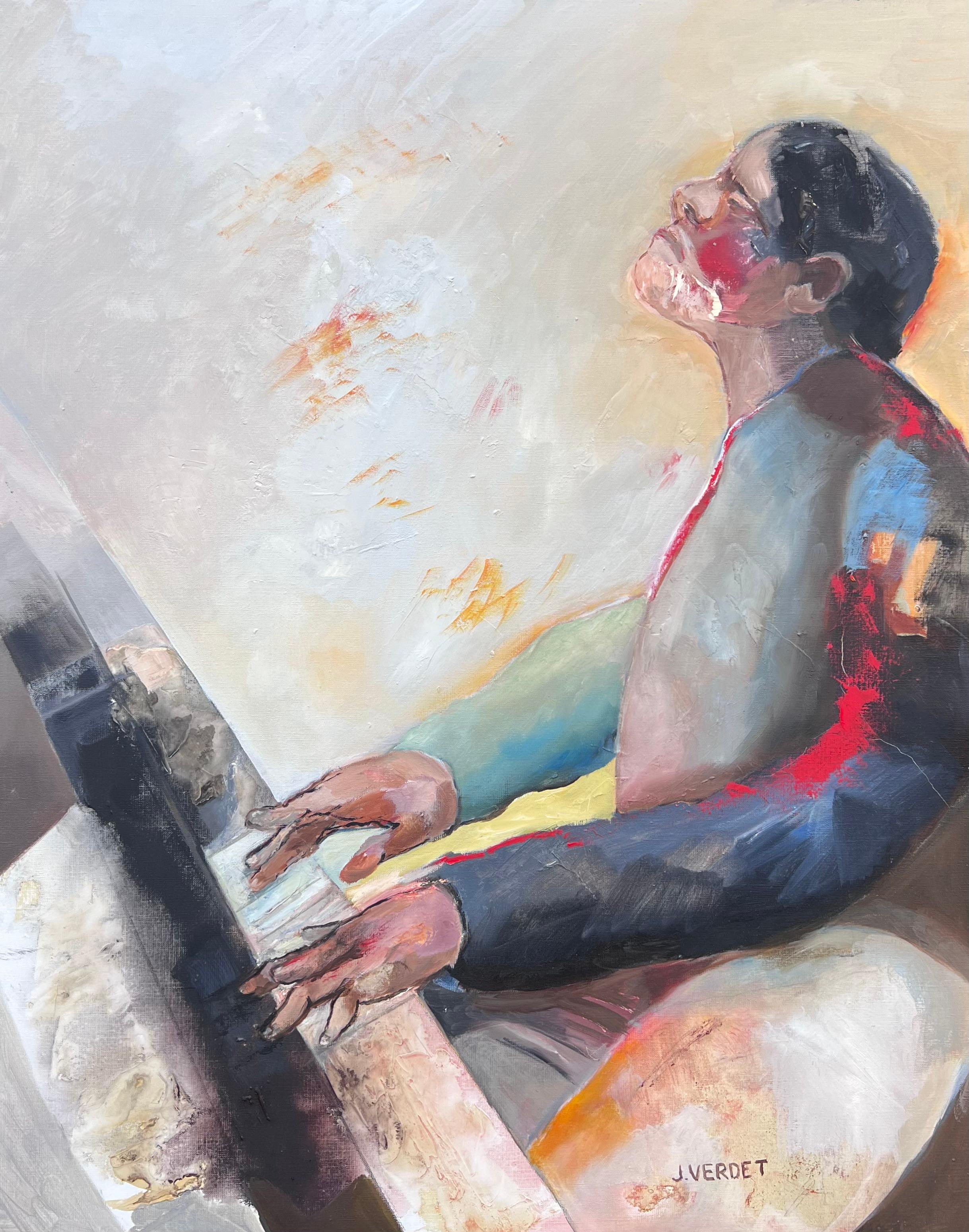 Jacqueline Verdet (1931-2023) Figurative Painting - Huge French Contemporary Modernist Abstract Oil Painting The Piano Player
