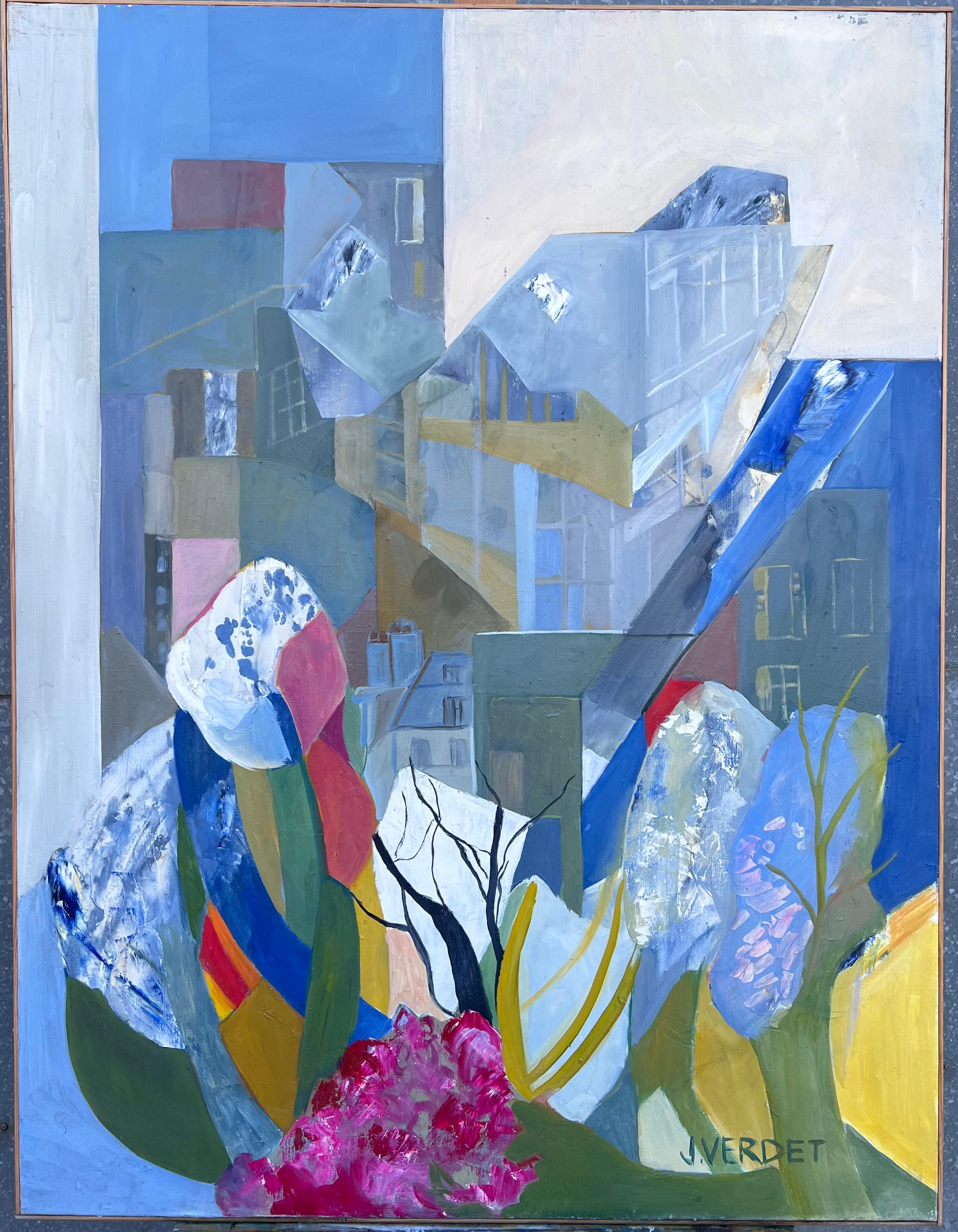 Huge French Contemporary Modernist Abstraktes Ölgemälde Urban Garden Landschaft – Painting von Jacqueline Verdet (1931-2023)