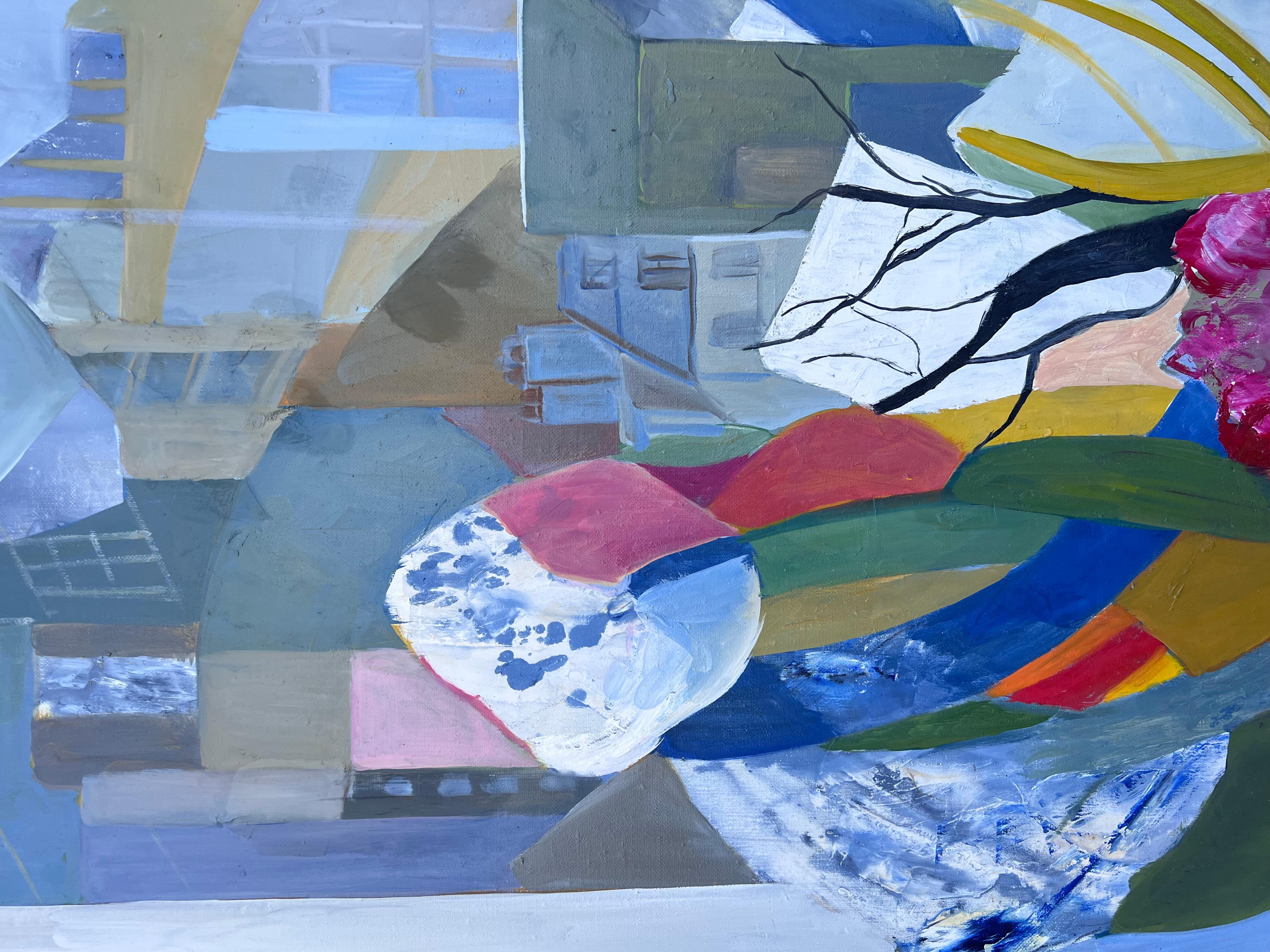 Huge French Contemporary Modernist Abstraktes Ölgemälde Urban Garden Landschaft (Geometrische Abstraktion), Painting, von Jacqueline Verdet (1931-2023)